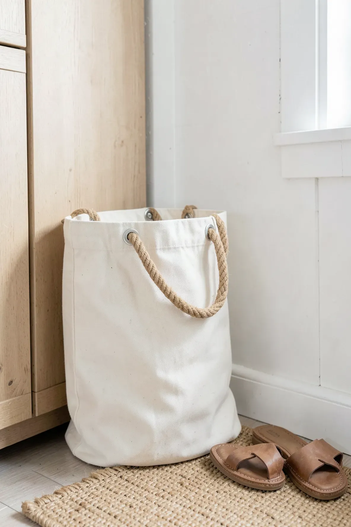 A cream canvas laundry bag with thick rope handles in a bright coastal bedroom.