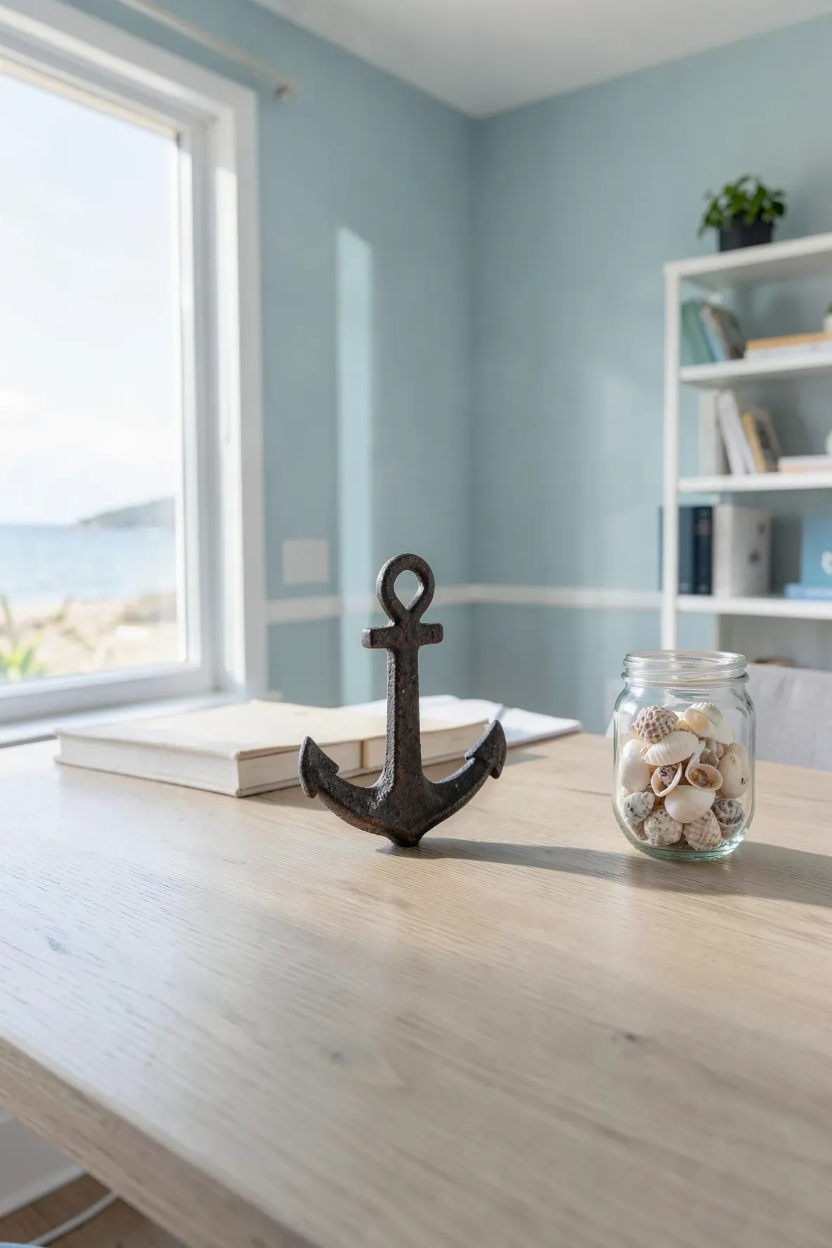 A small black iron anchor used as a bookend on a light wood desk in a coastal office.