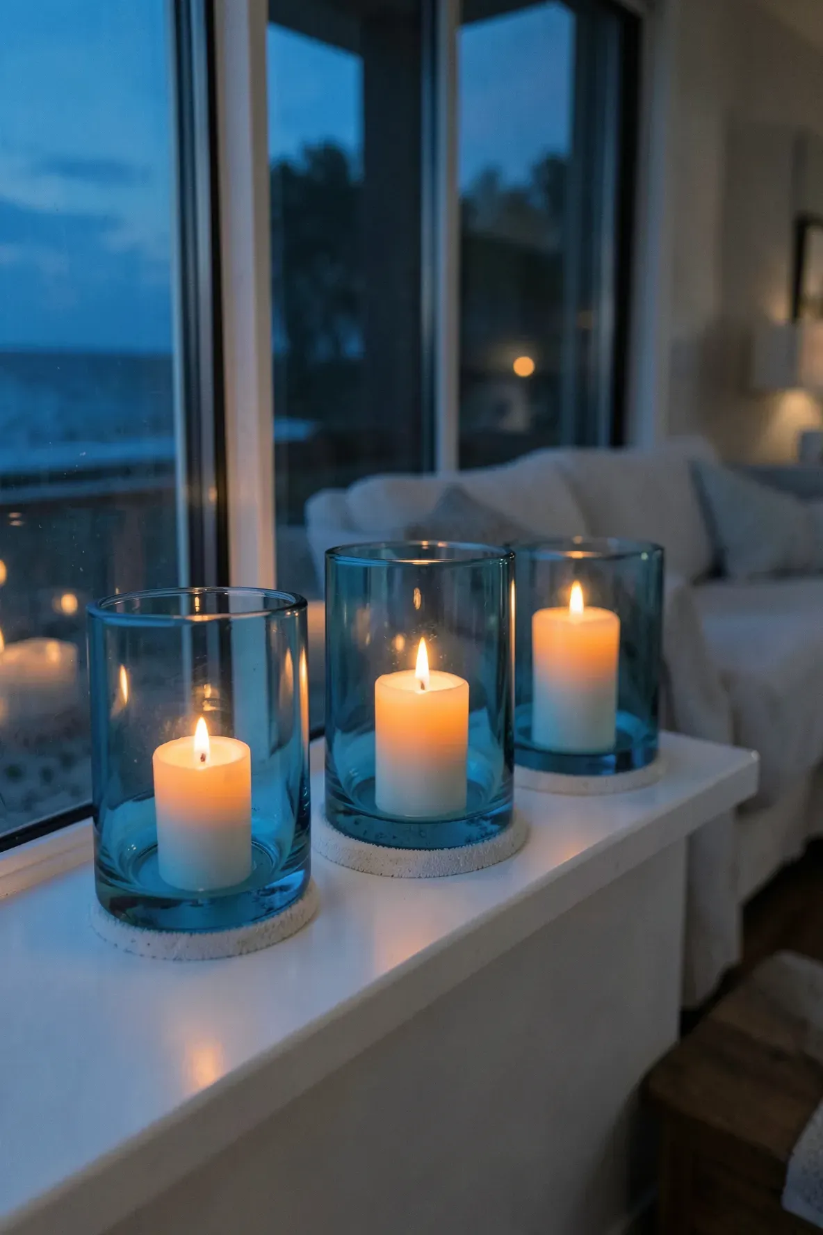 Blue tinted glass hurricane candle holders with lit candles on a windowsill at dusk.