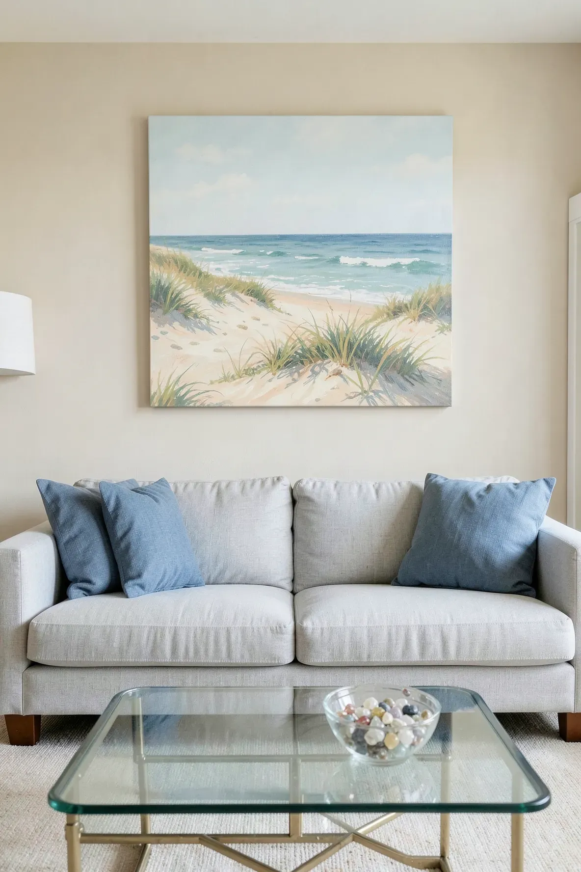 A hand-painted coastal landscape canvas hanging on the wall of a serene beachy living room.