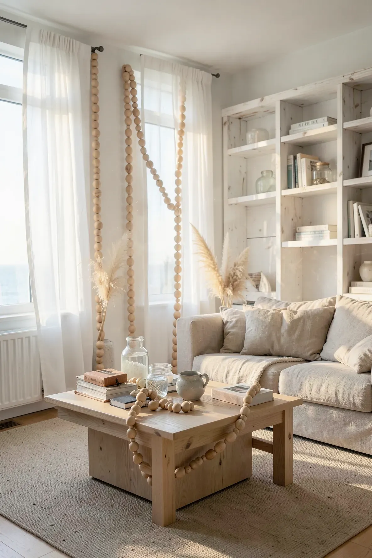 A bright coastal room with a wooden bead garland draped over books on a white shelf.