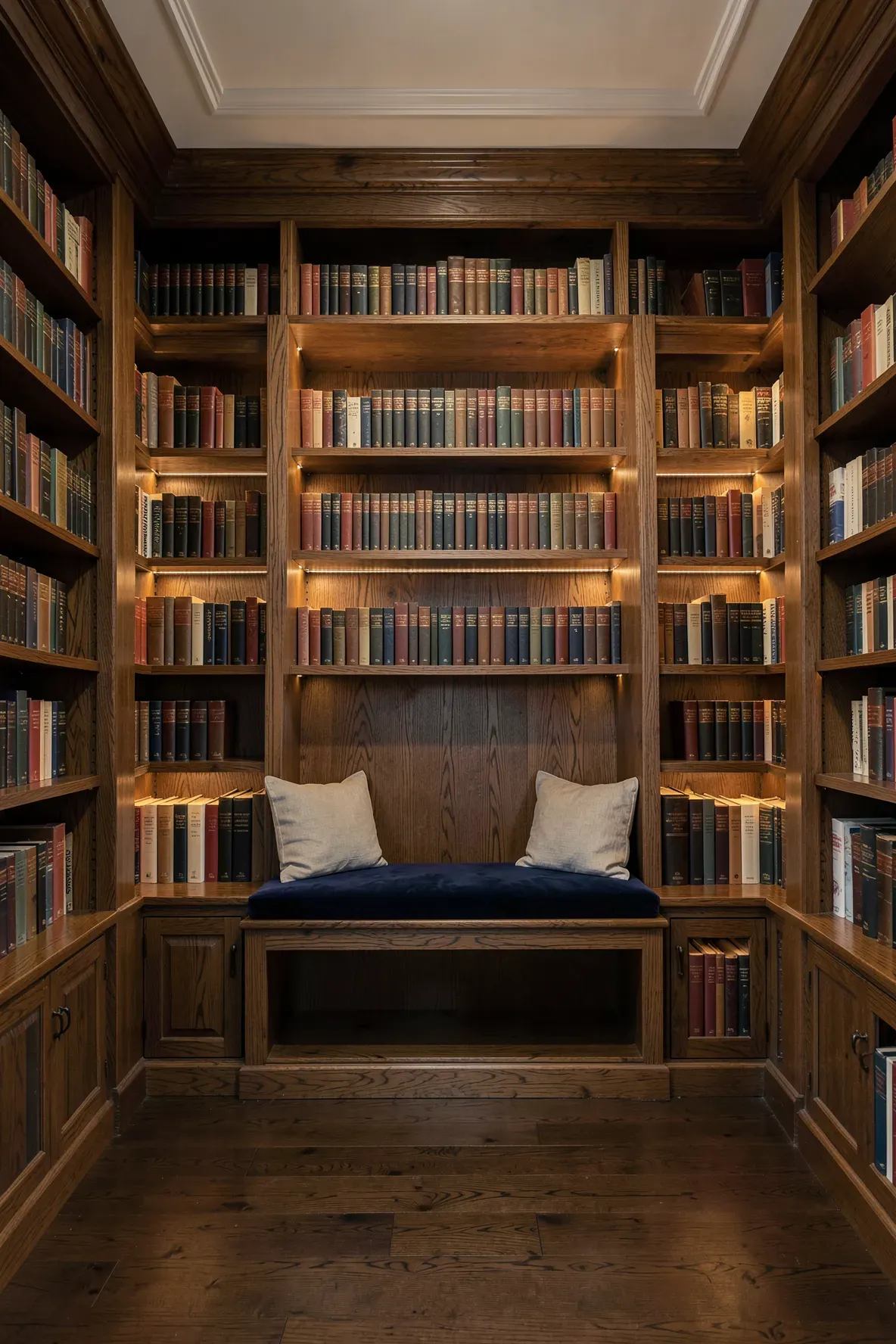 A built-in wooden reading bench nestled between two tall oak bookcases in a luxury library.