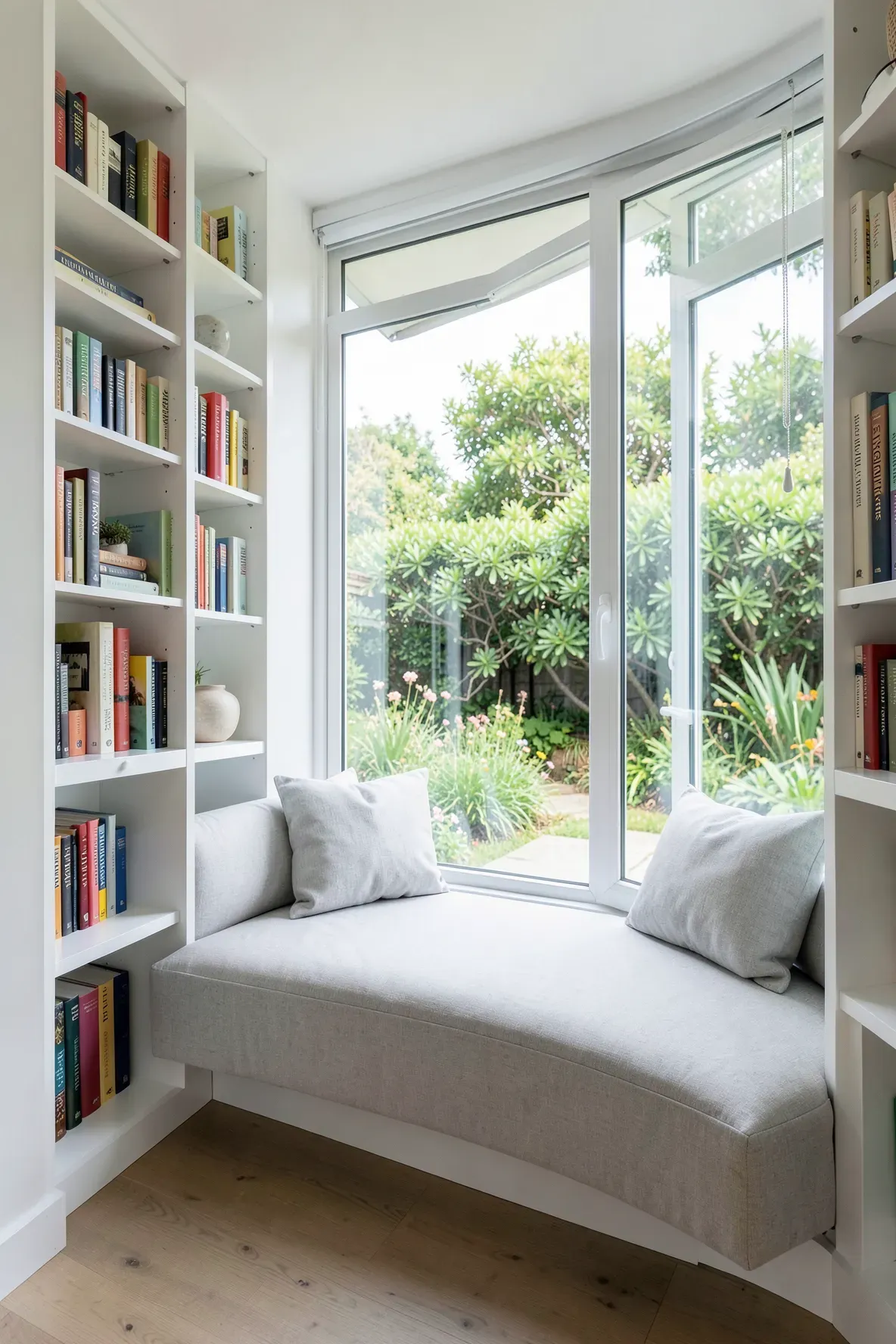 A sunlit window seat with gray cushions framed by slim white bookshelves and a garden view.