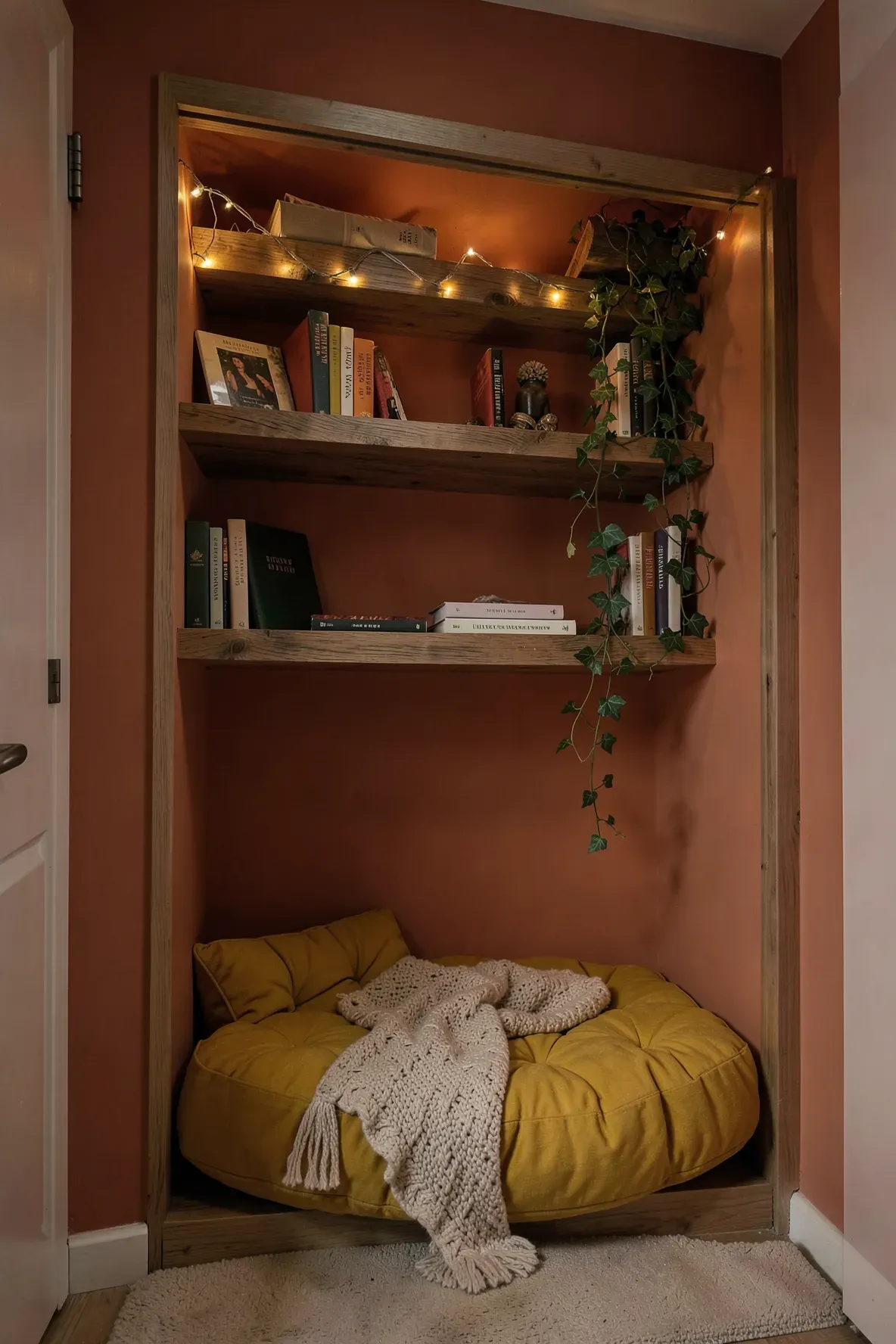 A small closet converted into a reading nook with terracotta walls, floating shelves, and yellow cushions.