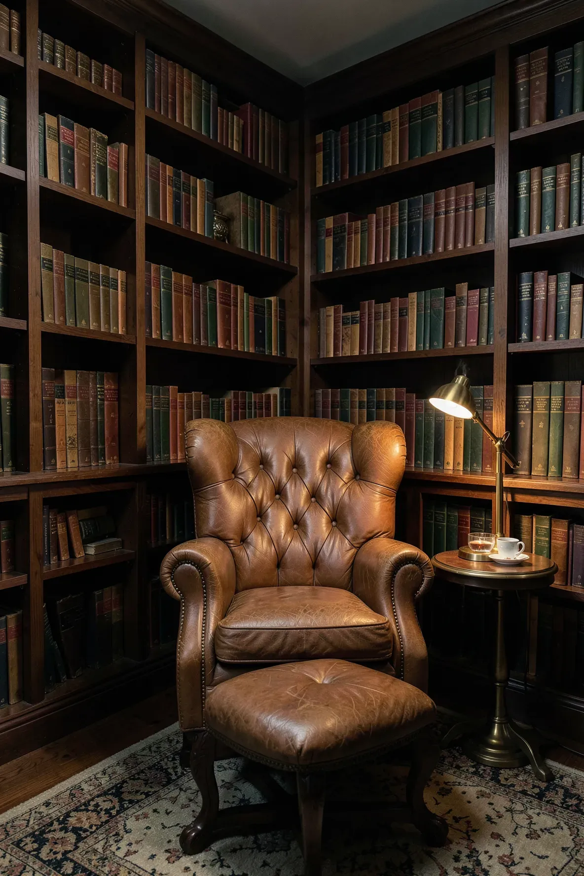 A large cognac leather armchair tucked into a corner surrounded by L-shaped walnut bookshelves.