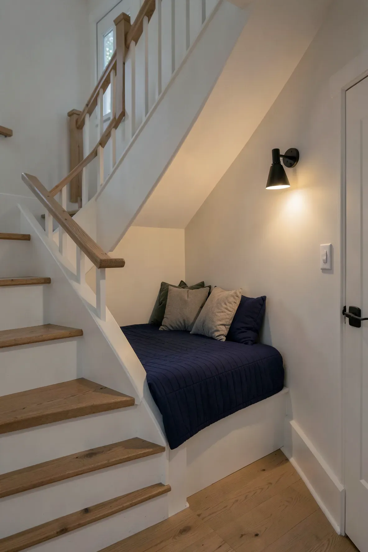 A cozy reading nook built into the space under a staircase with a mattress and a wall sconce.
