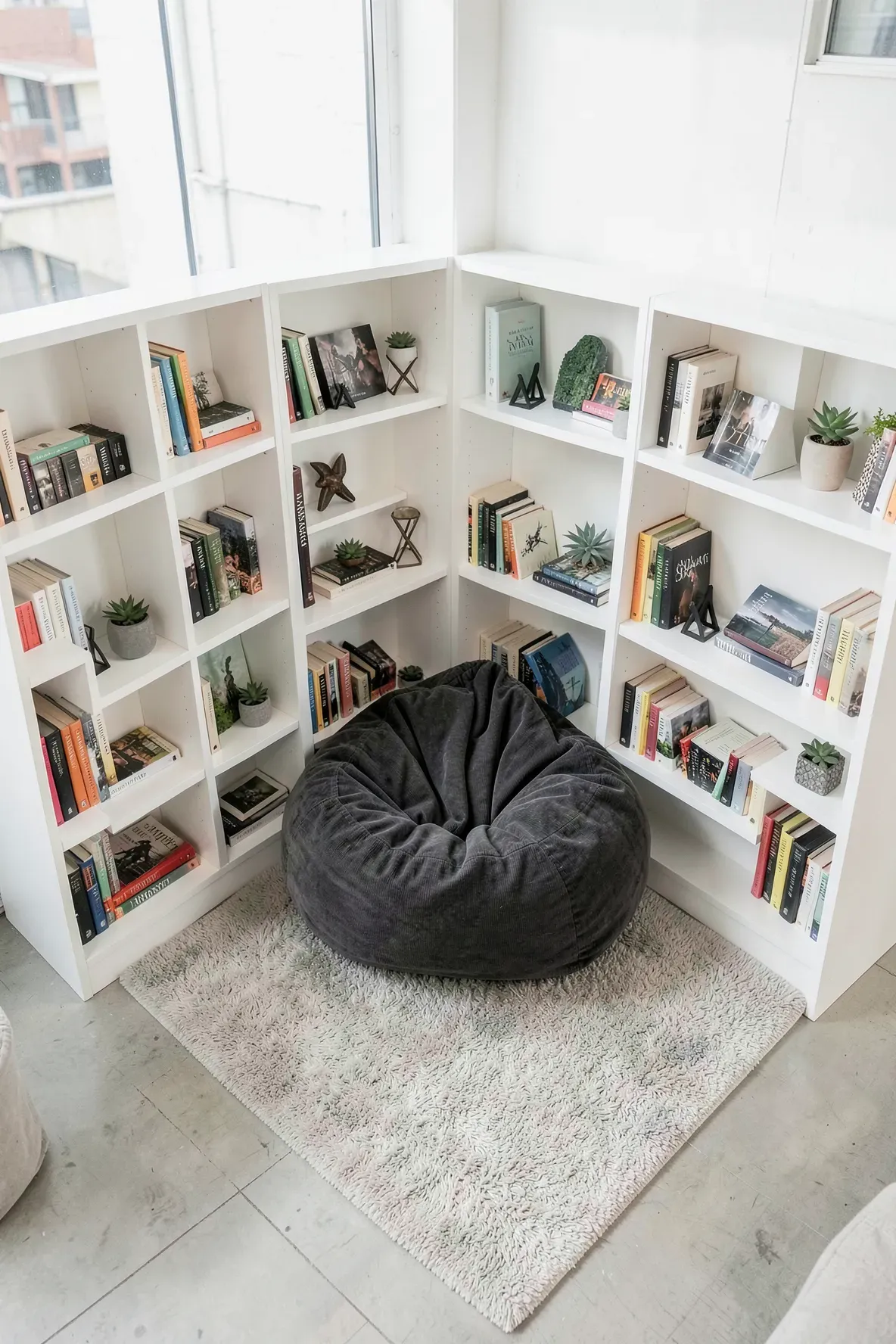 An L-shaped arrangement of white bookshelves creating a private nook with a gray bean bag chair.