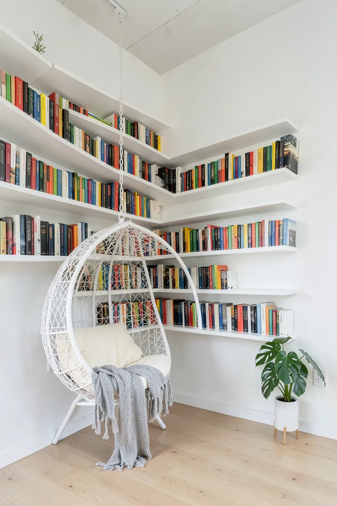 A white hanging egg chair with a cream cushion next to wall-mounted bookshelves in a bright room.