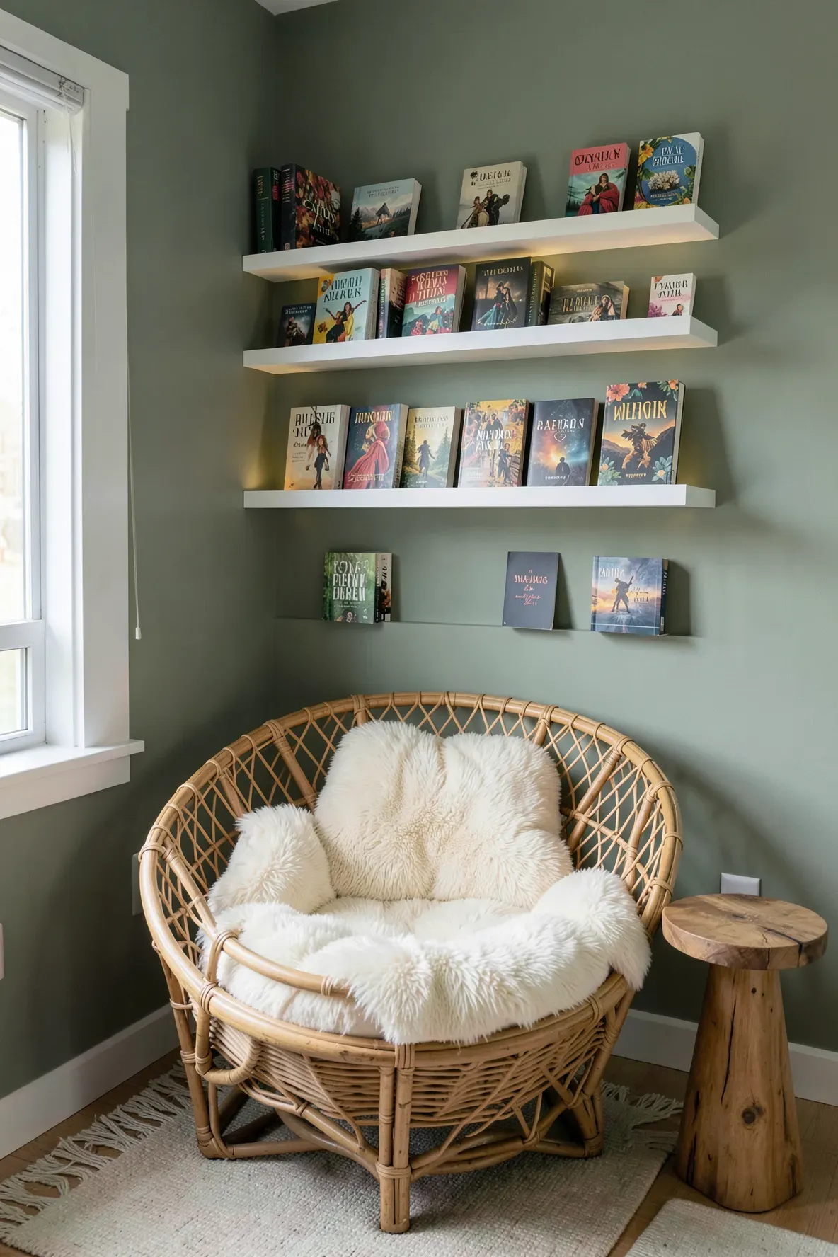 A bedroom corner with a rattan papasan chair and thin white wall ledges displaying books.