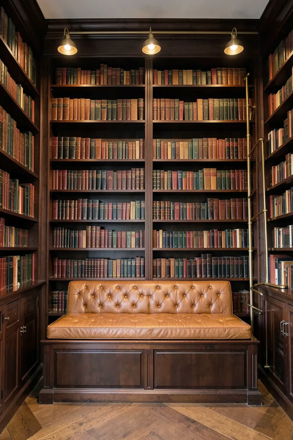 A massive dark wood library wall with a central cognac leather padded bench and a brass ladder.