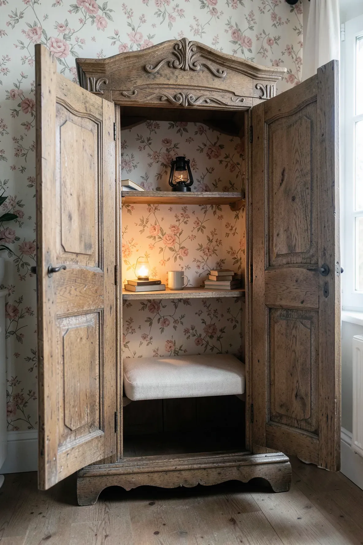 A vintage wooden wardrobe opened to reveal a secret reading nook with a seat and bookshelves.
