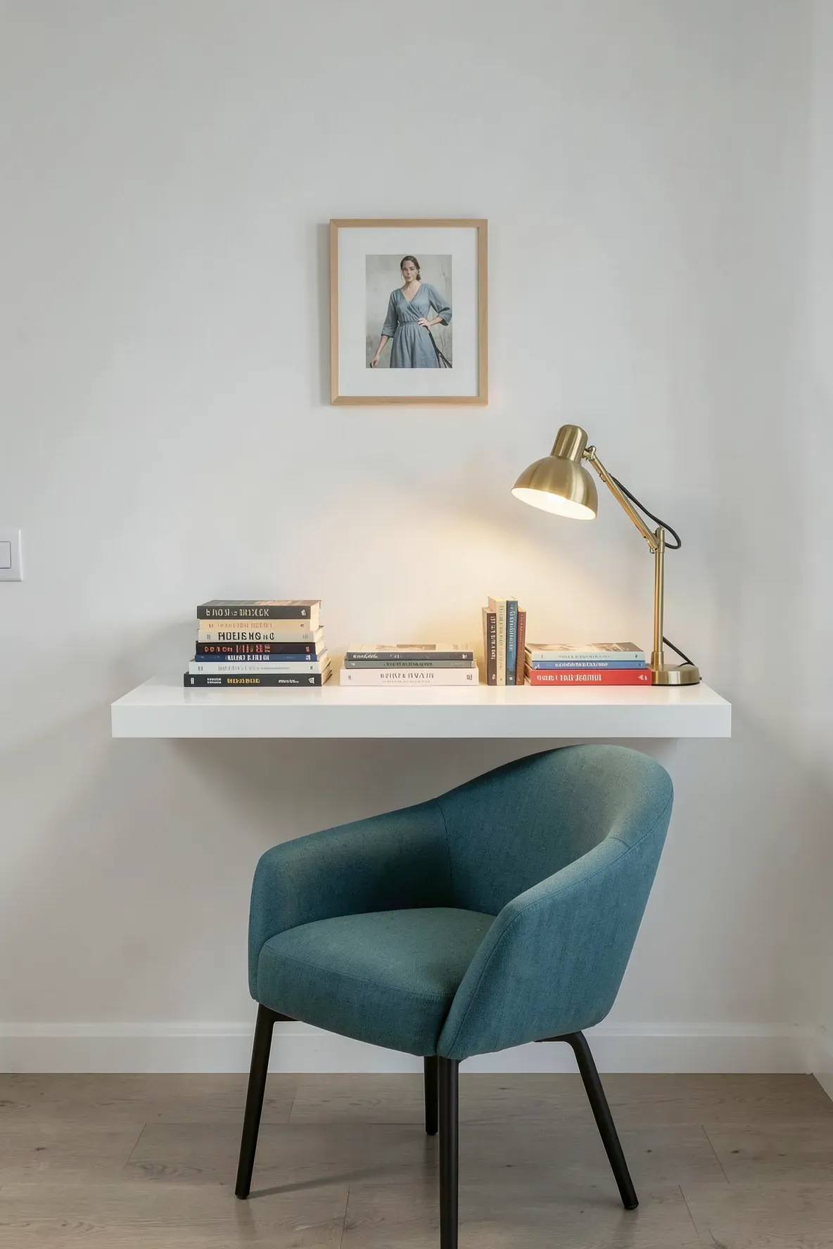 A white floating desk used as a book display with a teal armchair tucked underneath.
