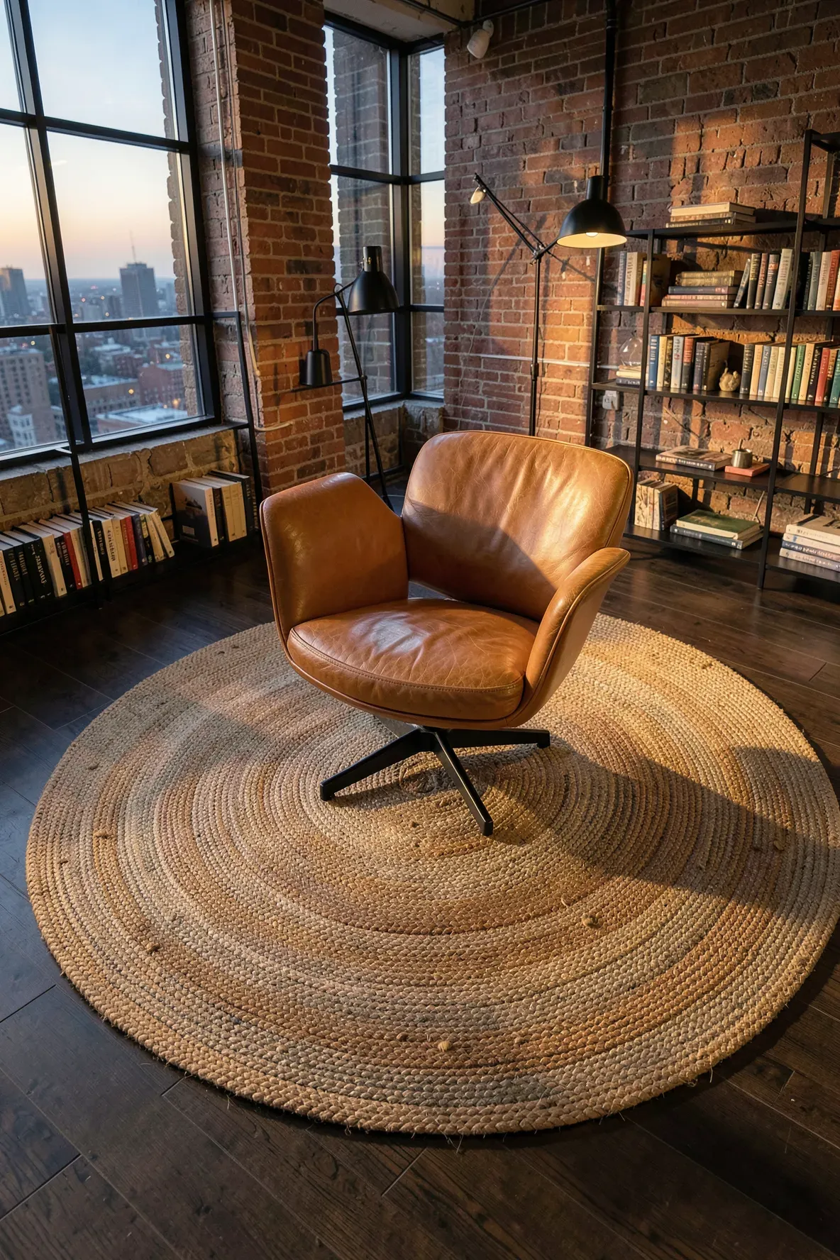 A cognac leather swivel chair sits on a round jute rug in front of a modern bookshelf.
