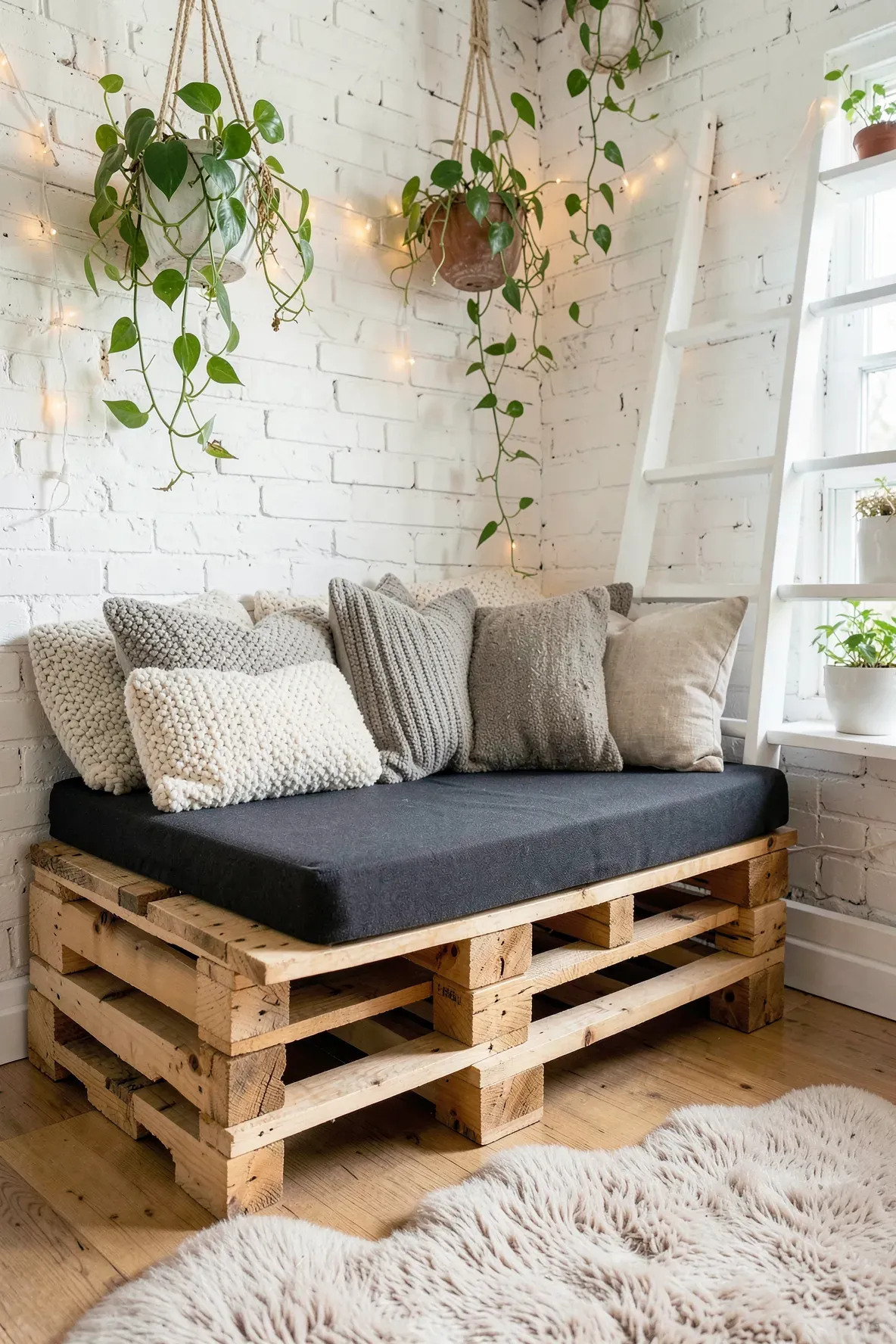 A cozy DIY reading nook made from wooden pallets and gray cushions in a bright room corner.