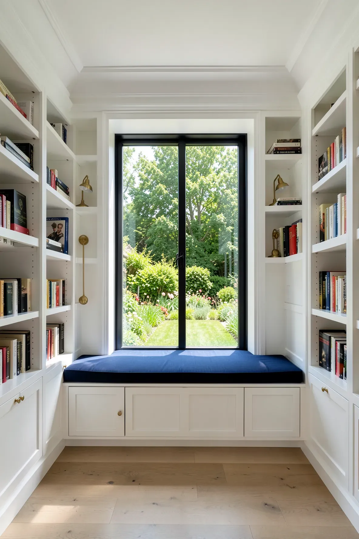 A custom built-in window seat with navy cushions surrounded by white bookshelves and a garden view.