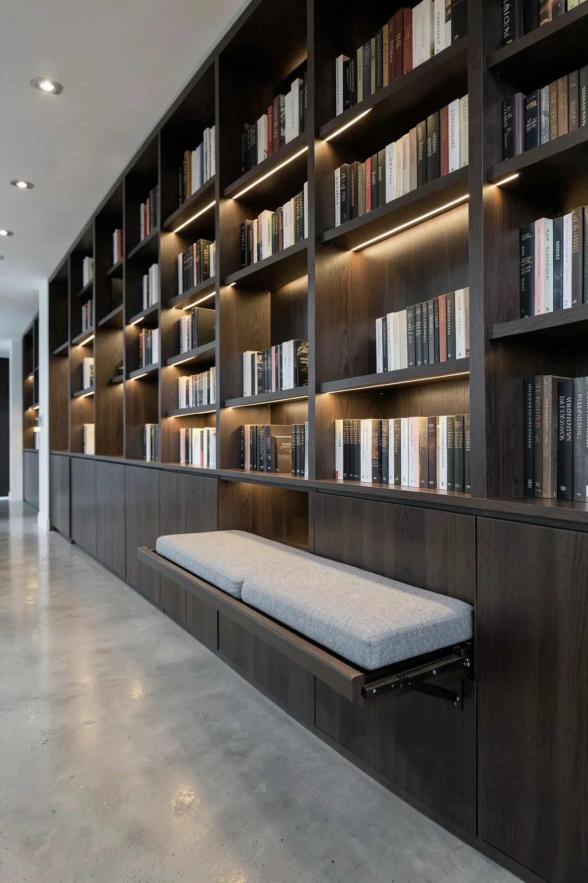 A modern dark wood bookshelf features a clever pull-out bench seat with a gray cushion.