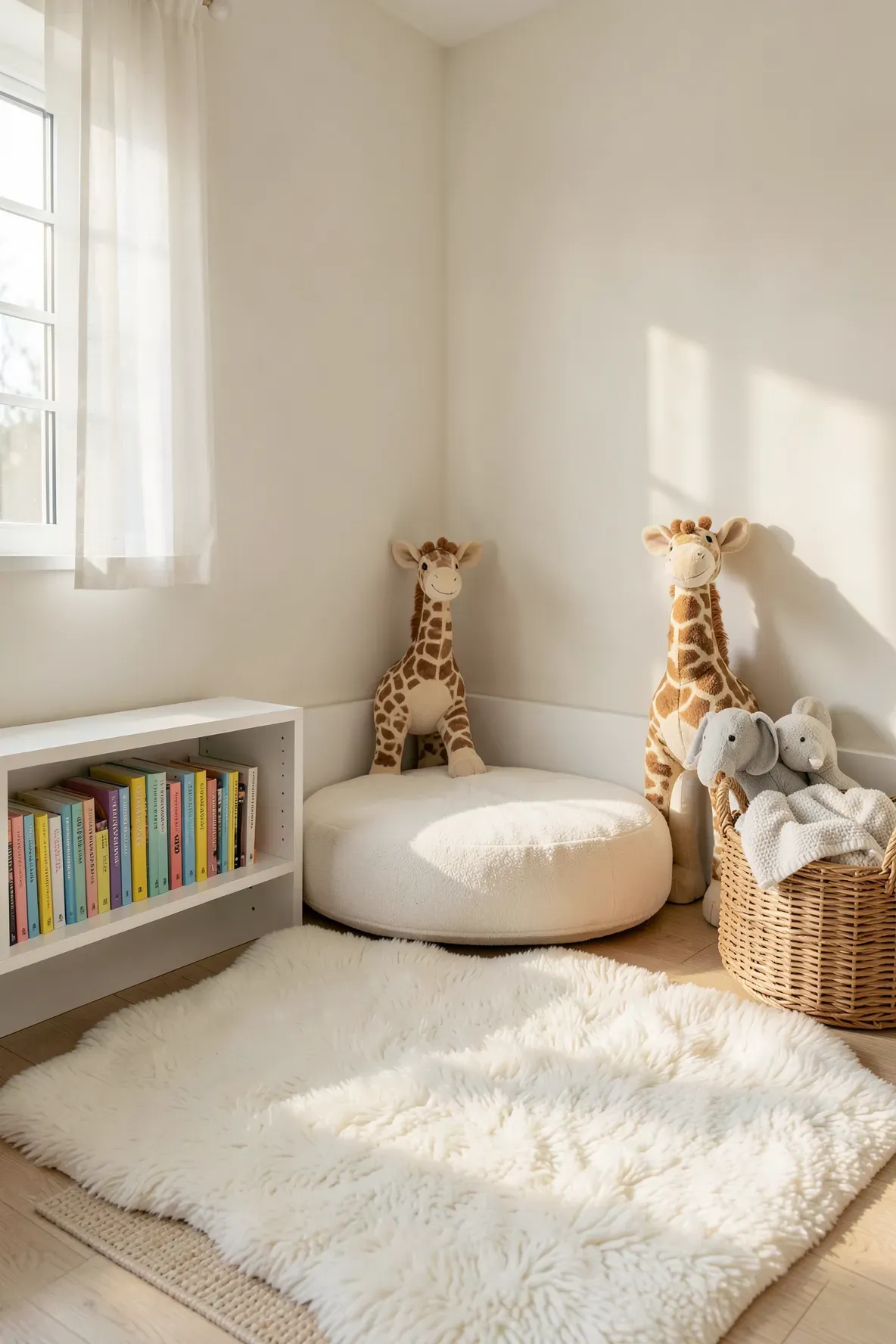 A cozy nursery corner with low white bookshelves, soft sheepskin rugs, and stuffed animals in warm light.