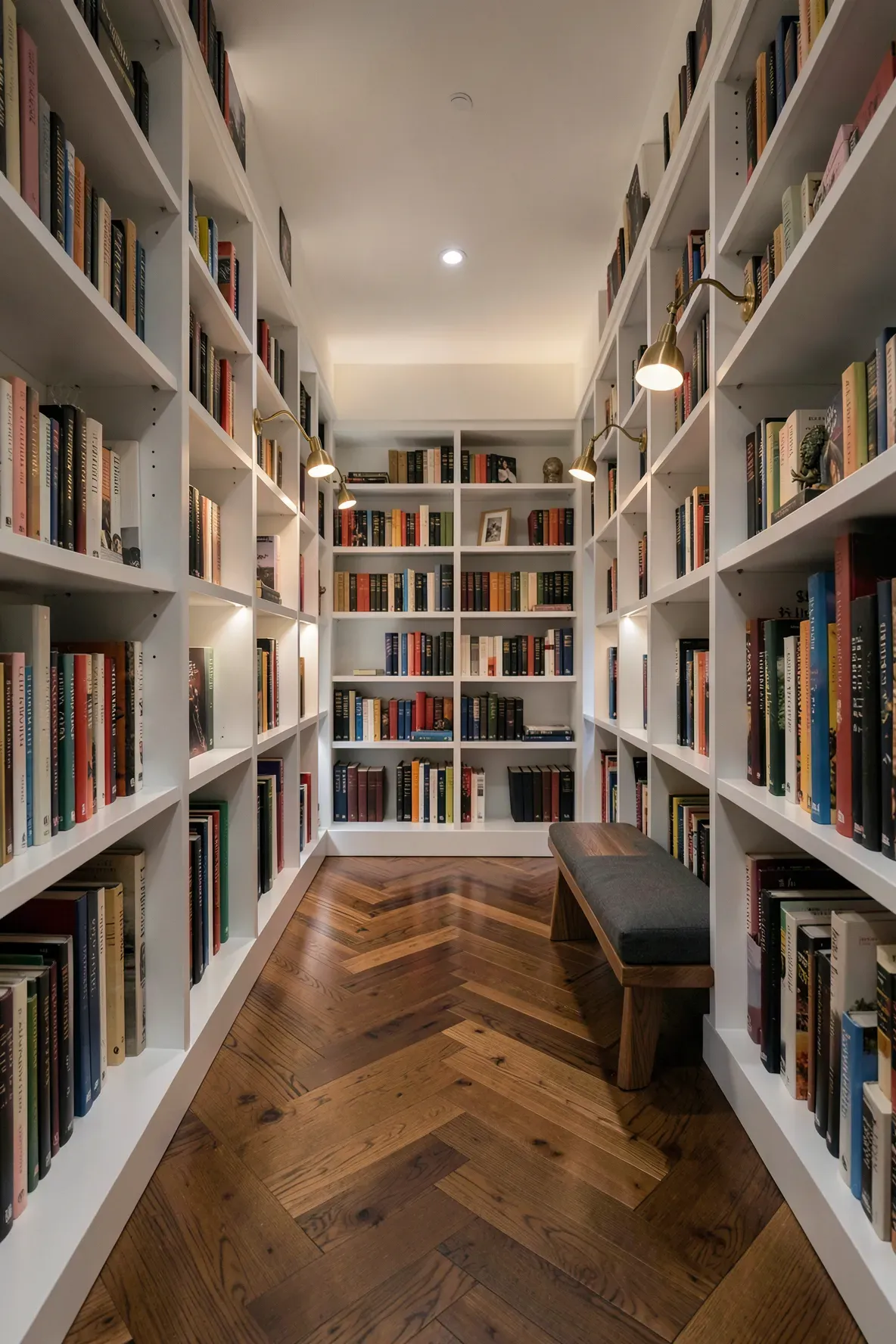 A narrow hallway lined with bookshelves featuring a wooden bench and warm brass wall sconces.