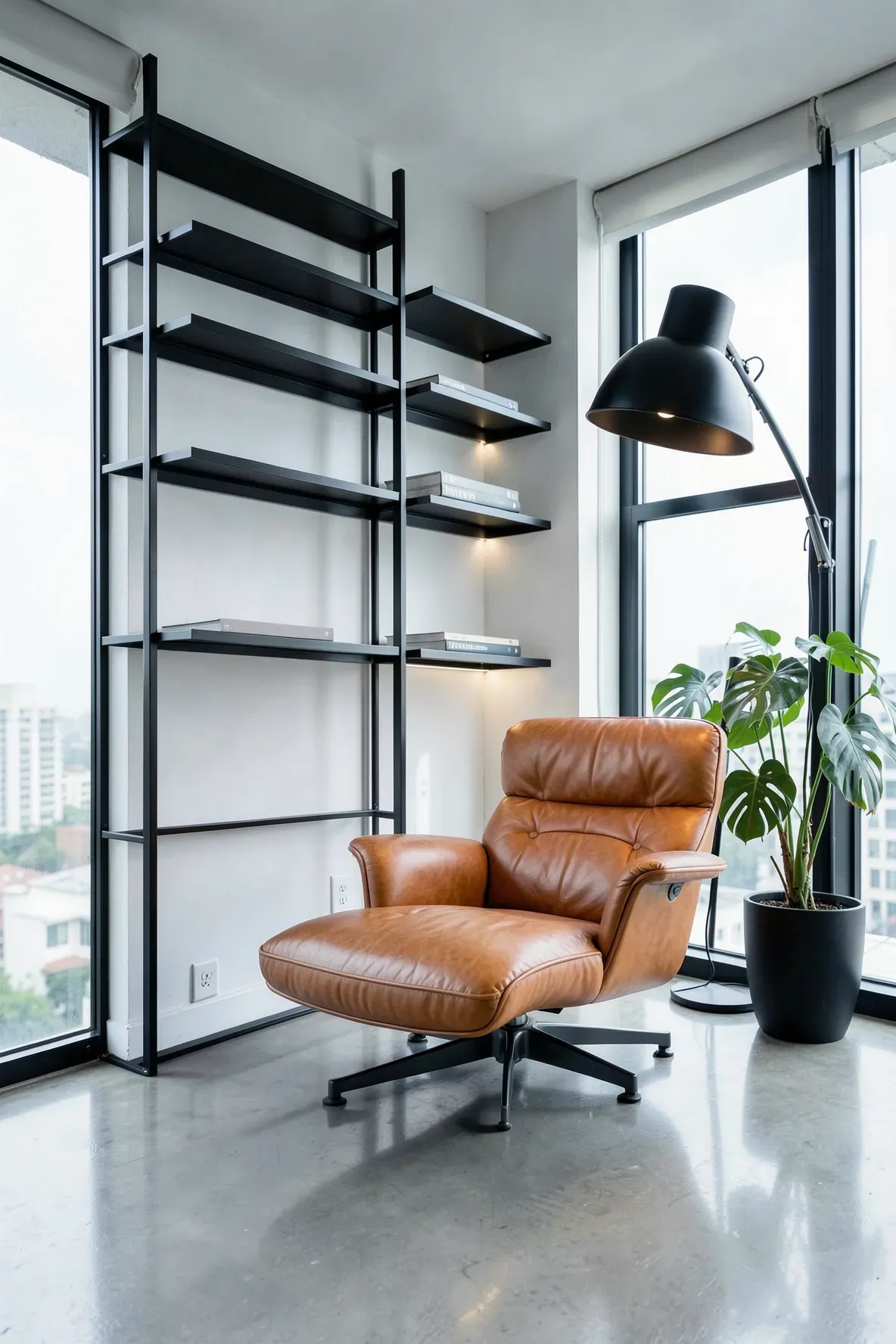 Modern reading nook with thin black metal shelves and a cognac leather lounge chair on concrete floors.