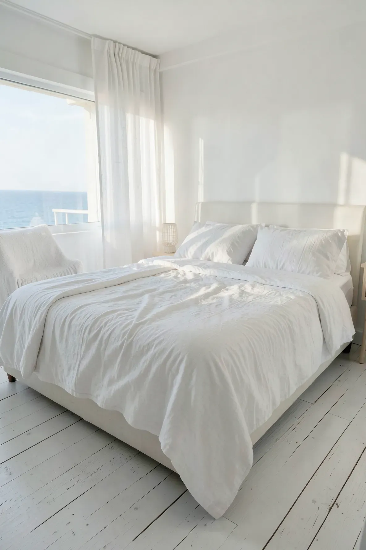 A bright coastal bedroom featuring a bed with crisp white linen sheets and a textured duvet.