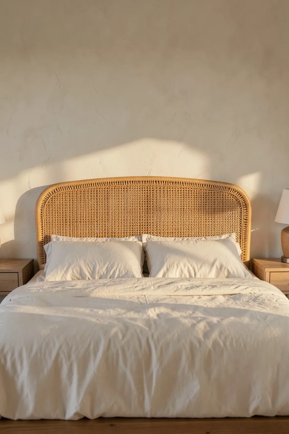 A honey-colored woven rattan headboard on a bed in a bright, airy coastal-style bedroom.