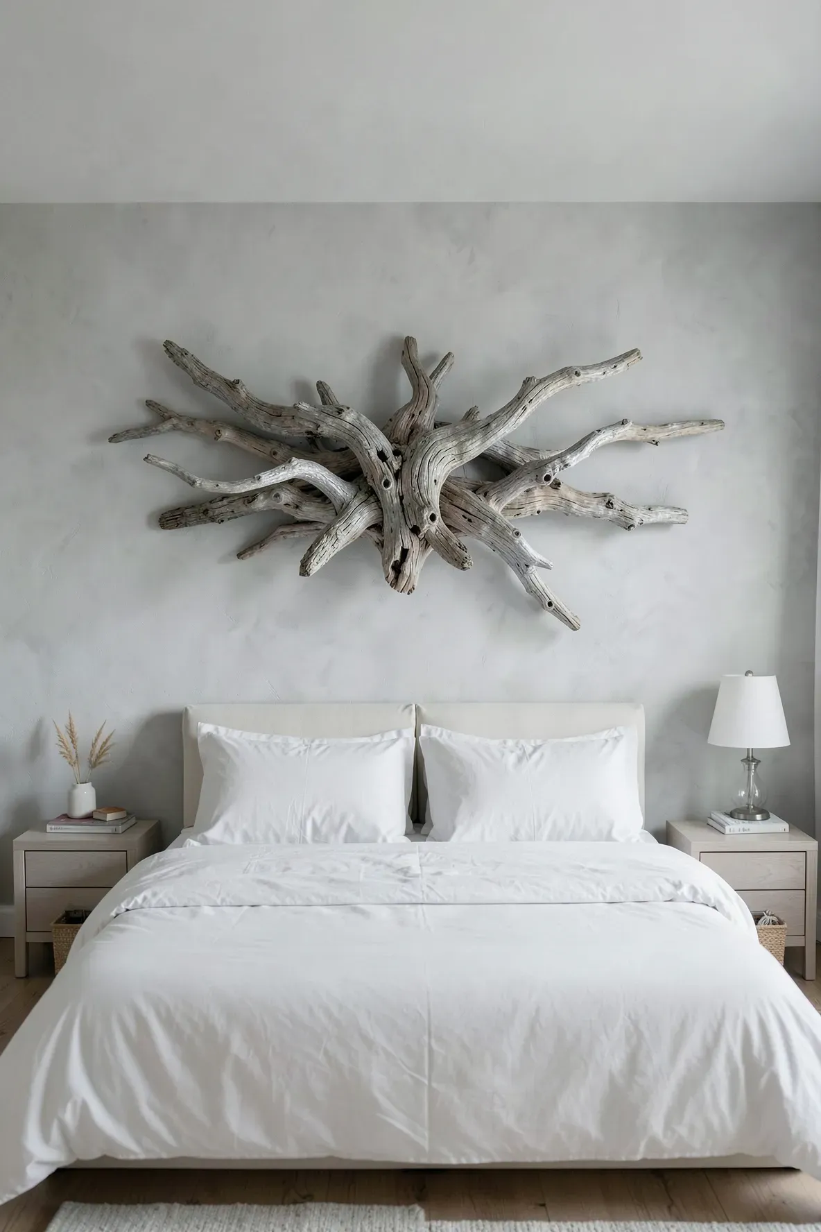 A large piece of weathered driftwood used as wall art above a bed in a coastal bedroom.