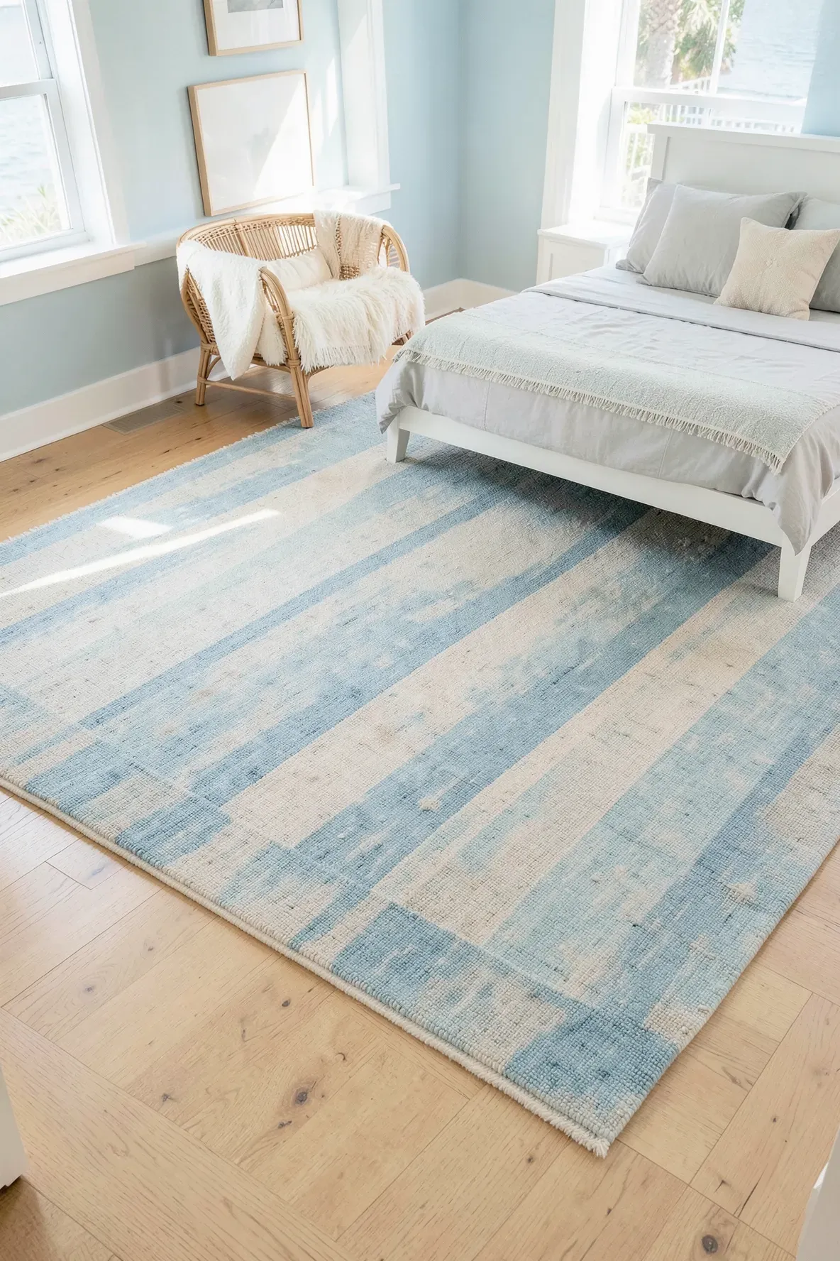 A low-pile area rug with light blue and sand-colored stripes in a bright coastal bedroom.