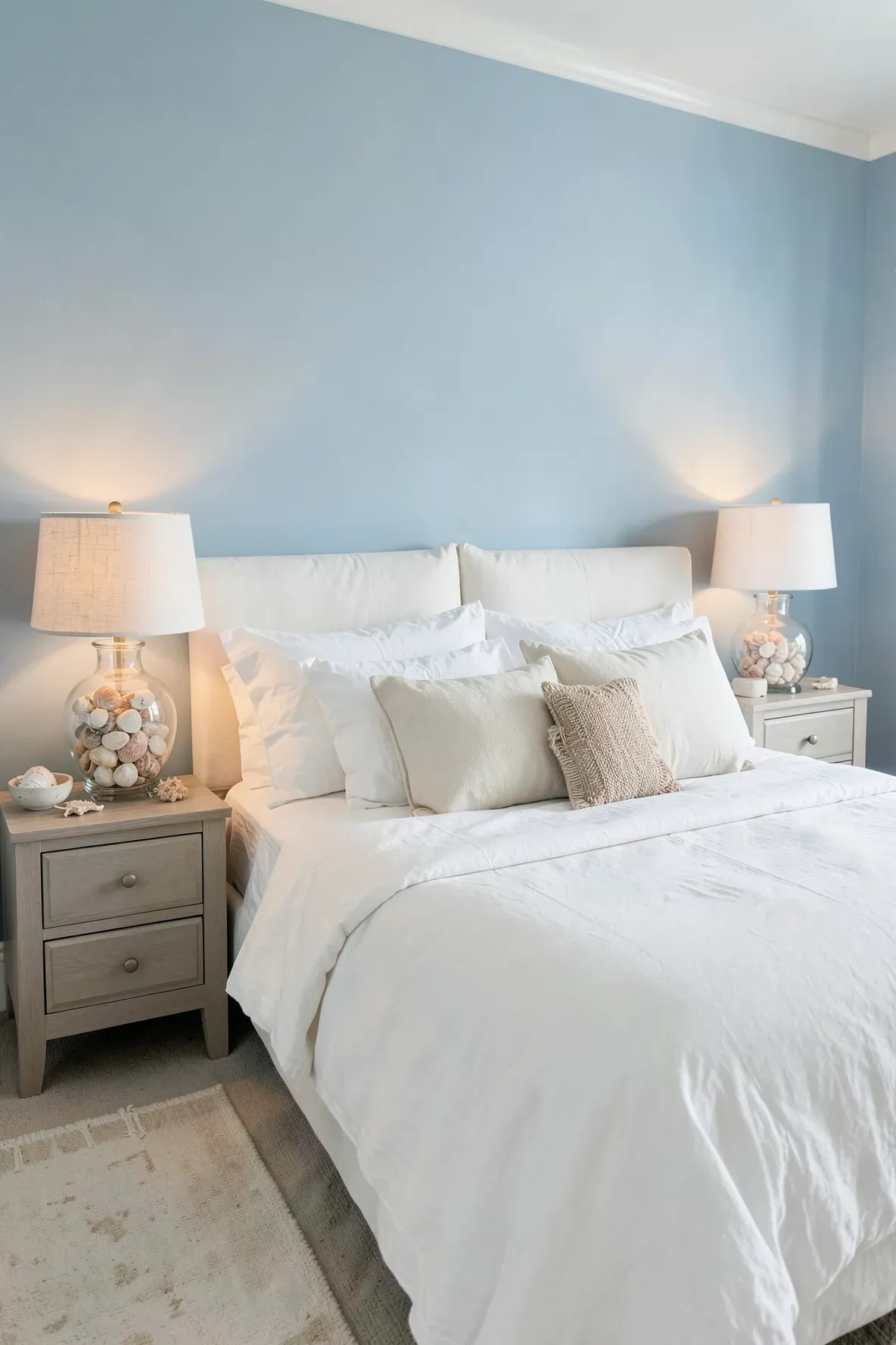 Two clear glass table lamps filled with seashells on nightstands in a coastal bedroom.