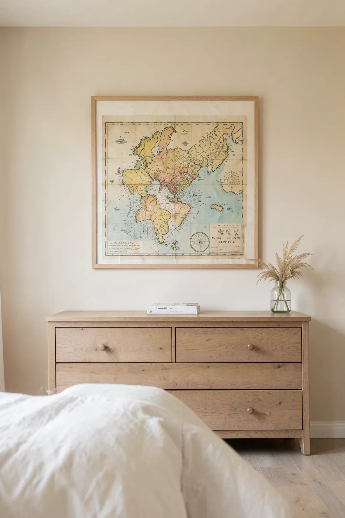 Framed vintage coastal maps hanging on the wall of a beach-themed bedroom above a dresser.