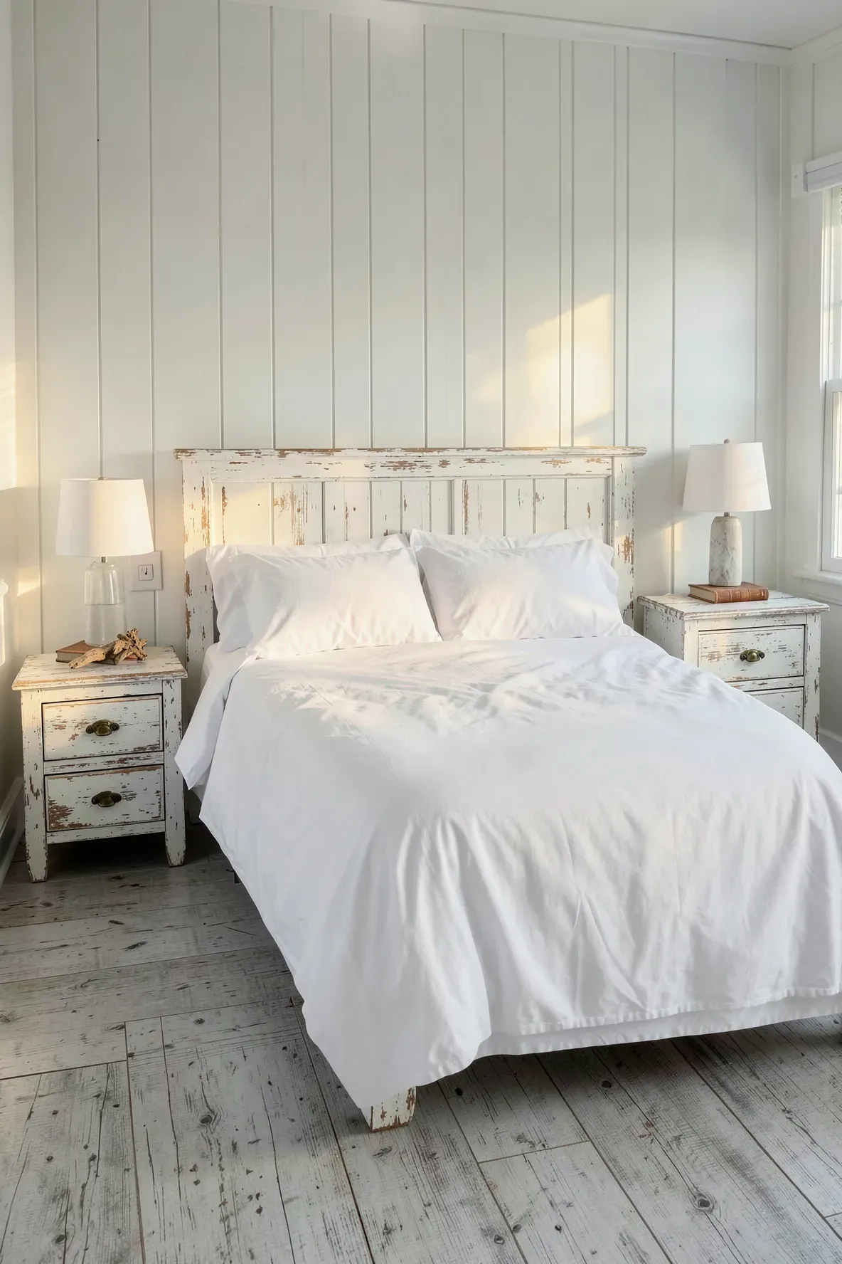 Weathered white wooden nightstands with a distressed finish in a bright beach-themed bedroom.