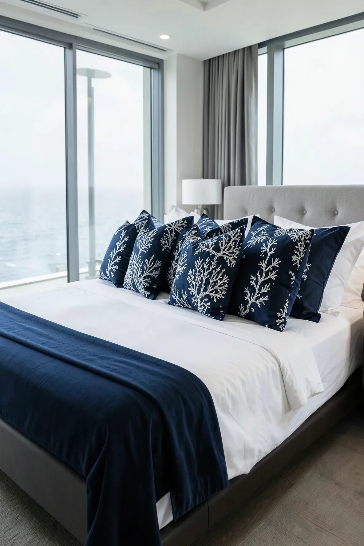 Navy blue pillows with white coral patterns on a white bed in a polished coastal room.