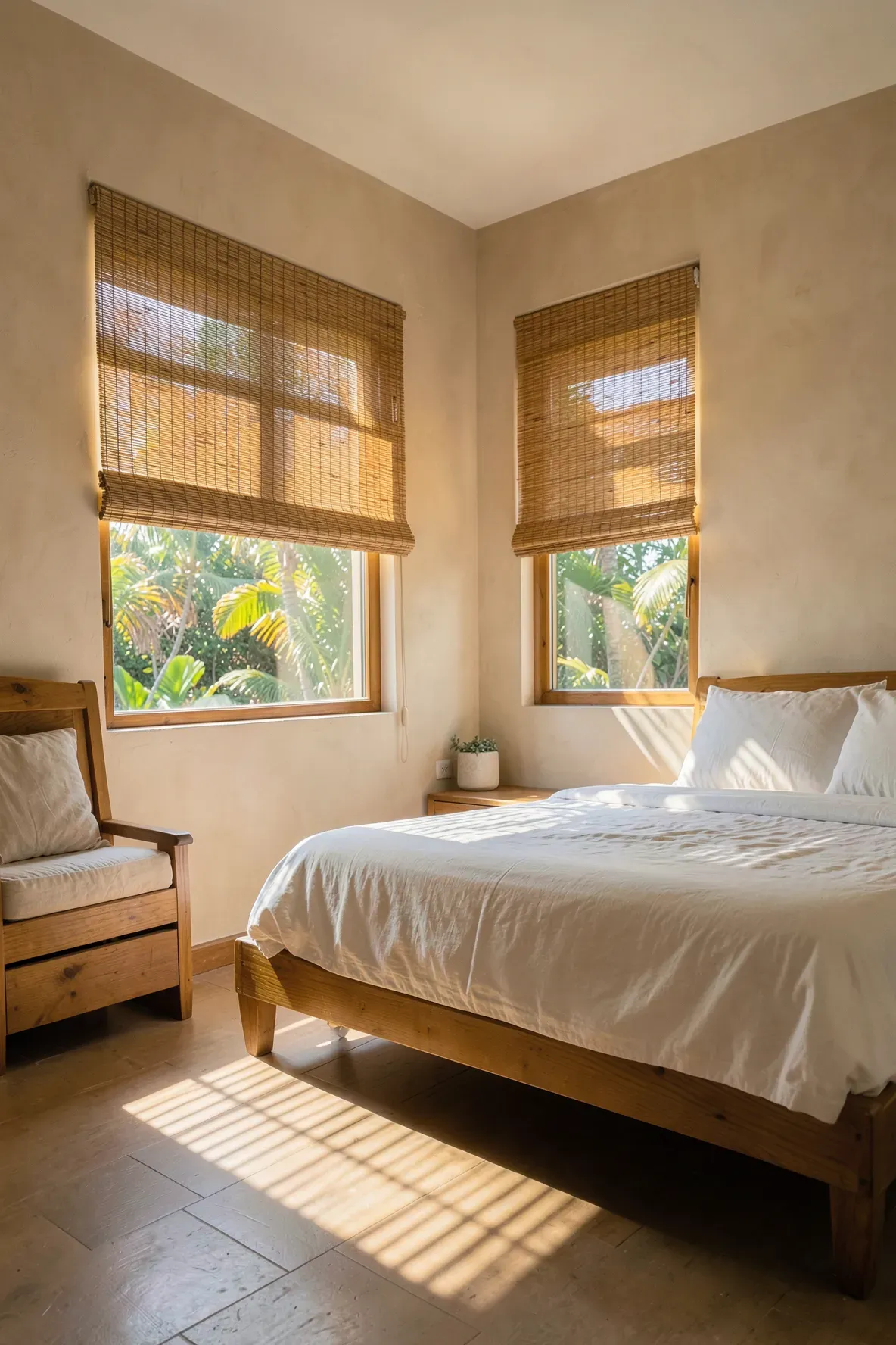Natural bamboo roller shades filtering warm sunlight into a cozy, earth-toned beach bedroom.