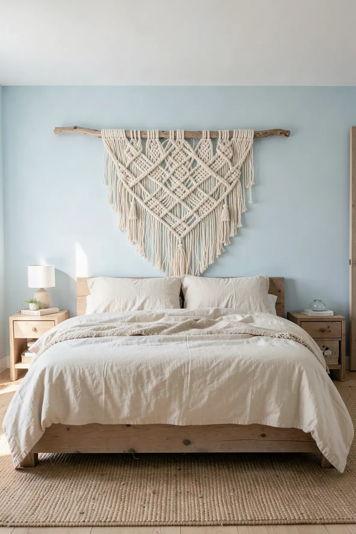 A large cream macrame wall hanging with nautical knots above a bed in a coastal bedroom.