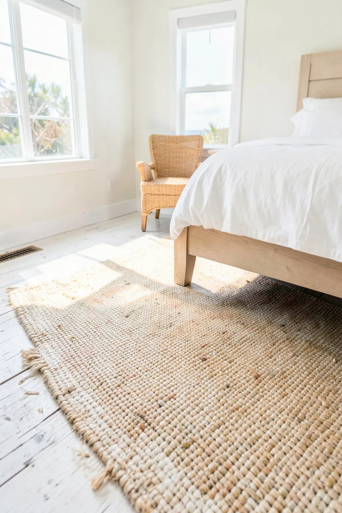 A textured bleached jute runner on a white-washed wood floor in a bright beach-themed bedroom.