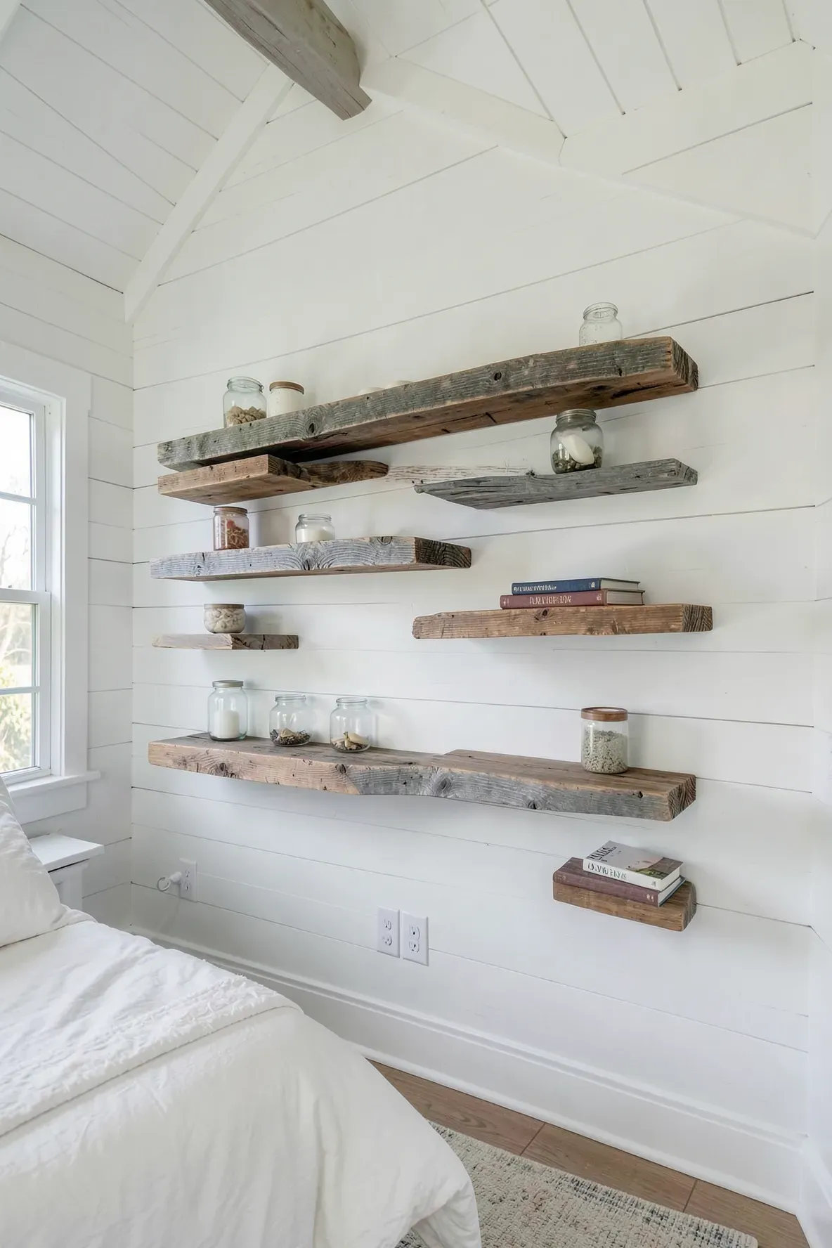 Weathered reclaimed wood floating shelves on a white shiplap wall in a bright coastal-themed bedroom.