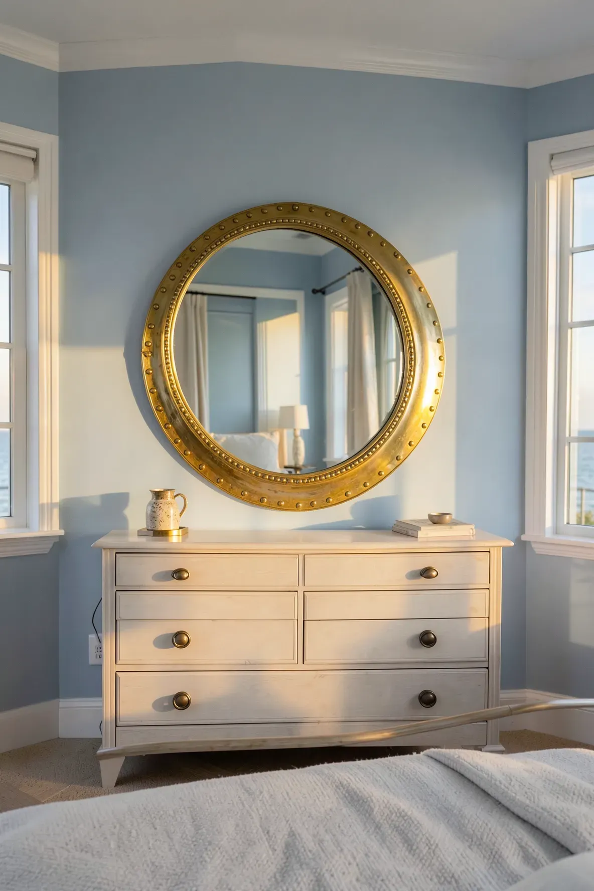 A round brass porthole mirror hanging on a light blue bedroom wall, reflecting a bright coastal interior.