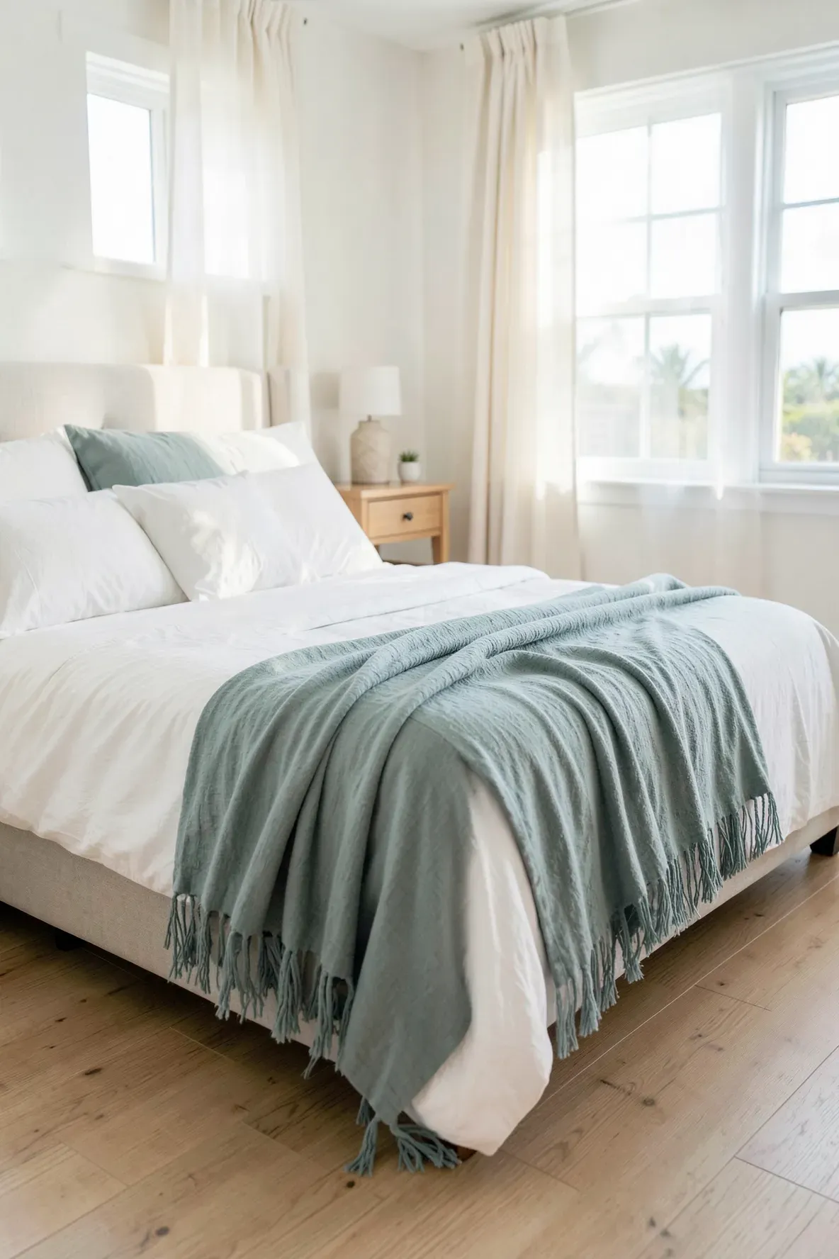 A muted teal cotton throw blanket draped over a white linen bed in a sunlit coastal bedroom.