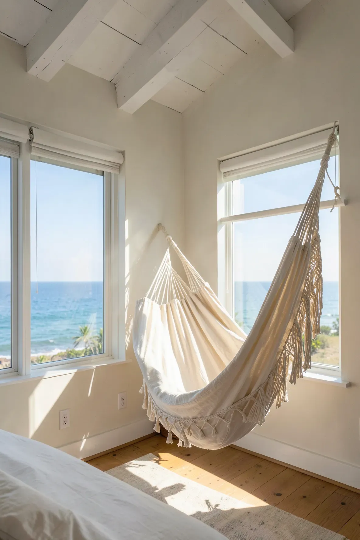 A cream canvas hammock chair hanging in the corner of a bright, airy coastal bedroom by a window.
