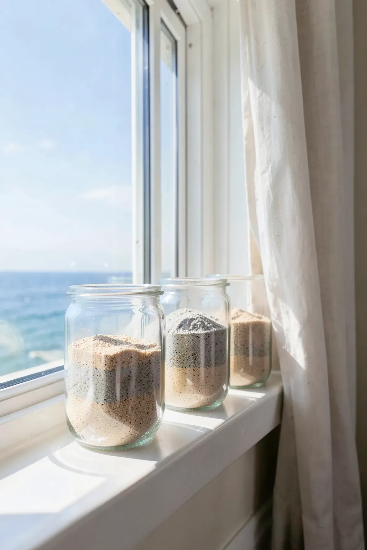 Clear glass apothecary jars filled with layered sand sitting on a sunny coastal bedroom windowsill.