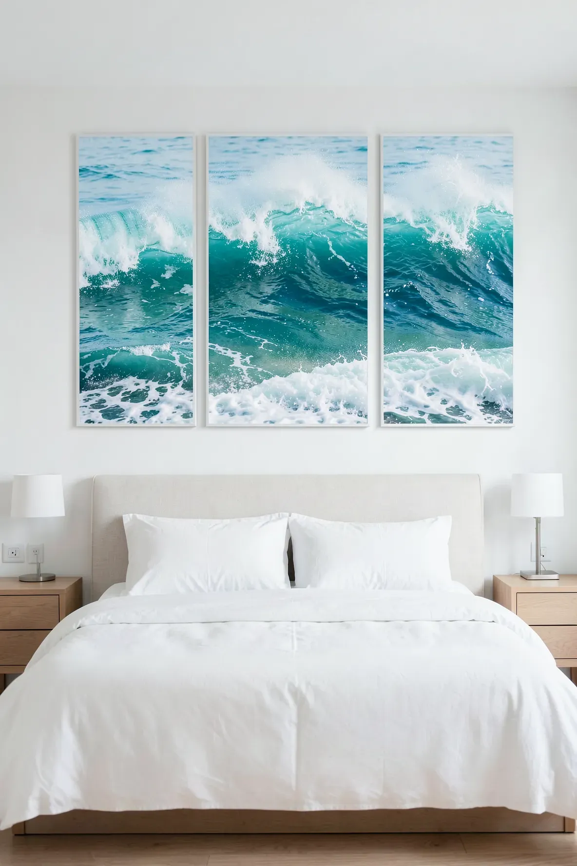 A three-panel triptych of a turquoise ocean wave hanging above a bed in a modern coastal bedroom.