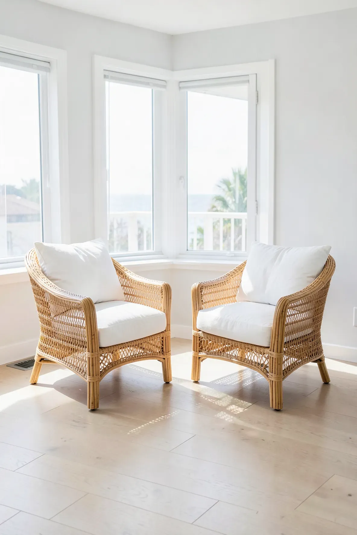 Two woven cane armchairs with white cushions in a bright, sunlit coastal bedroom.