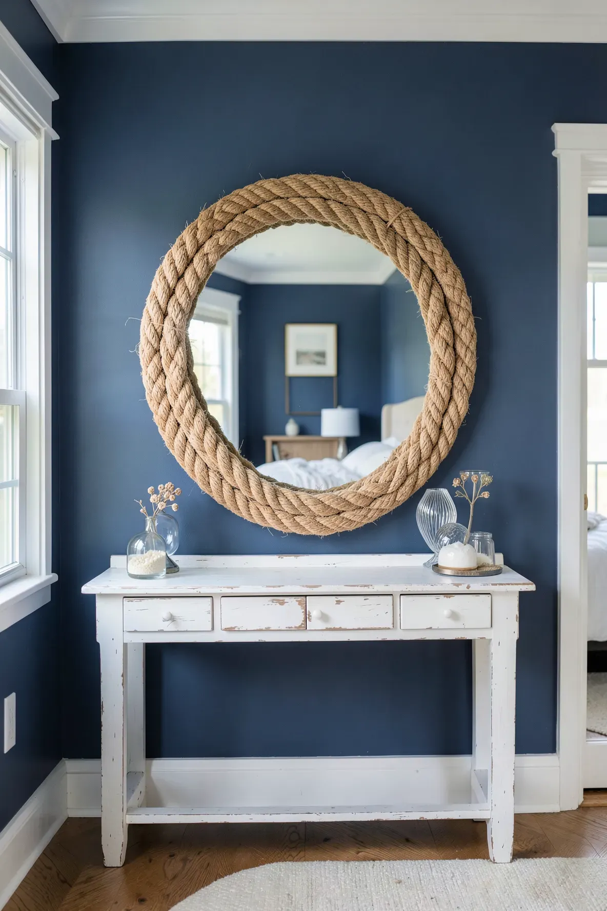 A large circular mirror with a thick rope frame hanging on a blue wall in a bright coastal bedroom.
