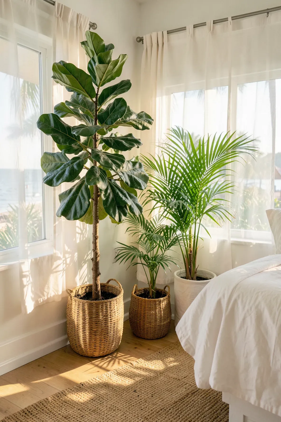 Lush green potted palms and a fiddle leaf fig in a sunlit coastal bedroom with white curtains.