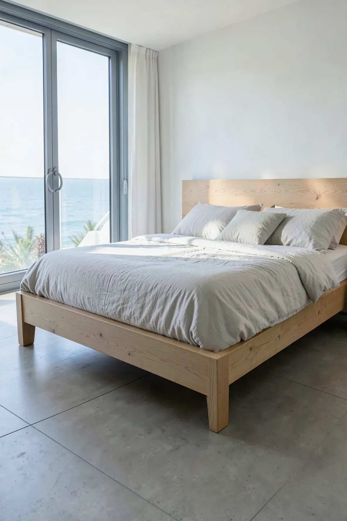 A modern eucalyptus wood platform bed frame with white linens in a minimalist beach house bedroom.