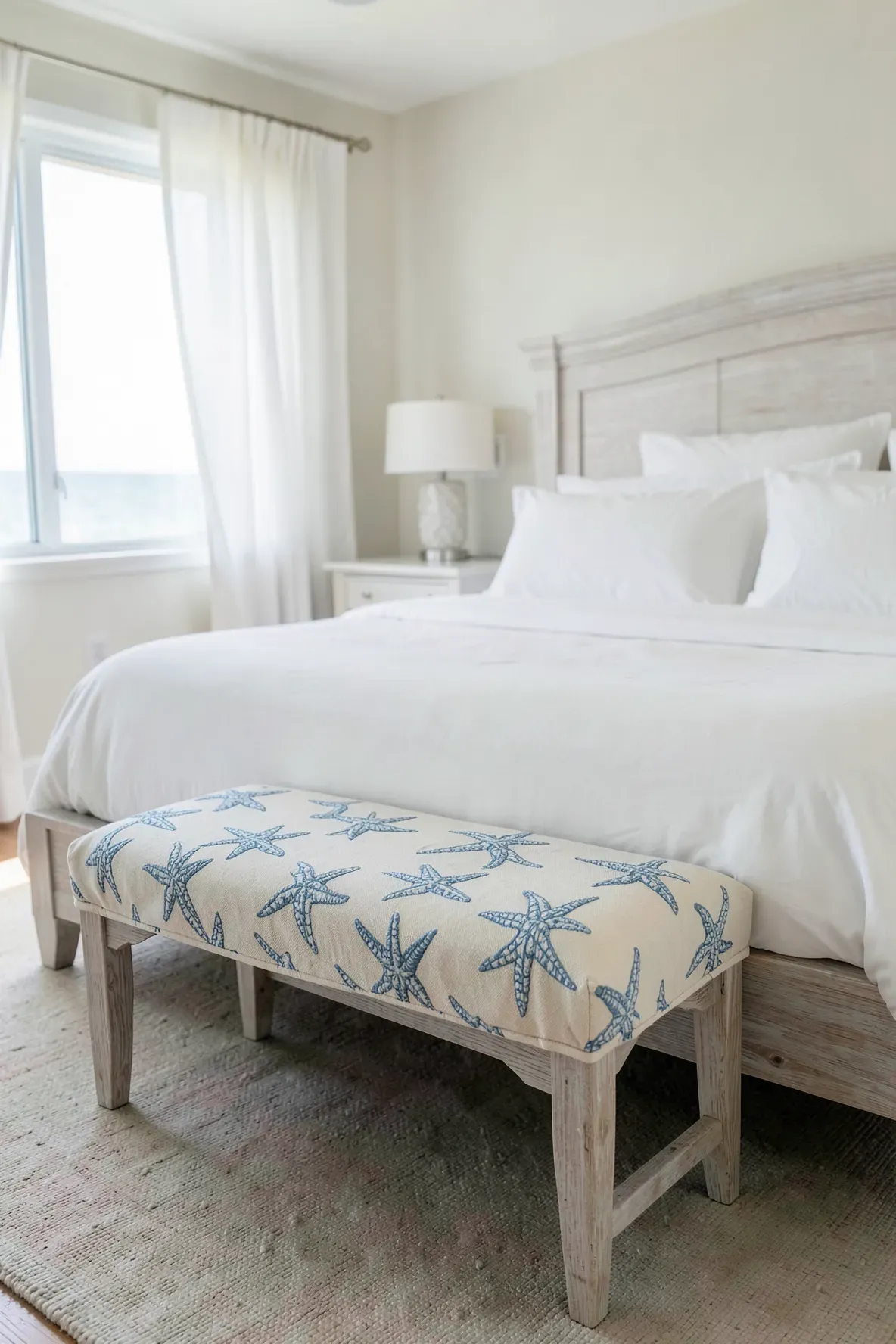 A cream fabric bench with blue starfish embroidery at the foot of a bed in a bright coastal room.