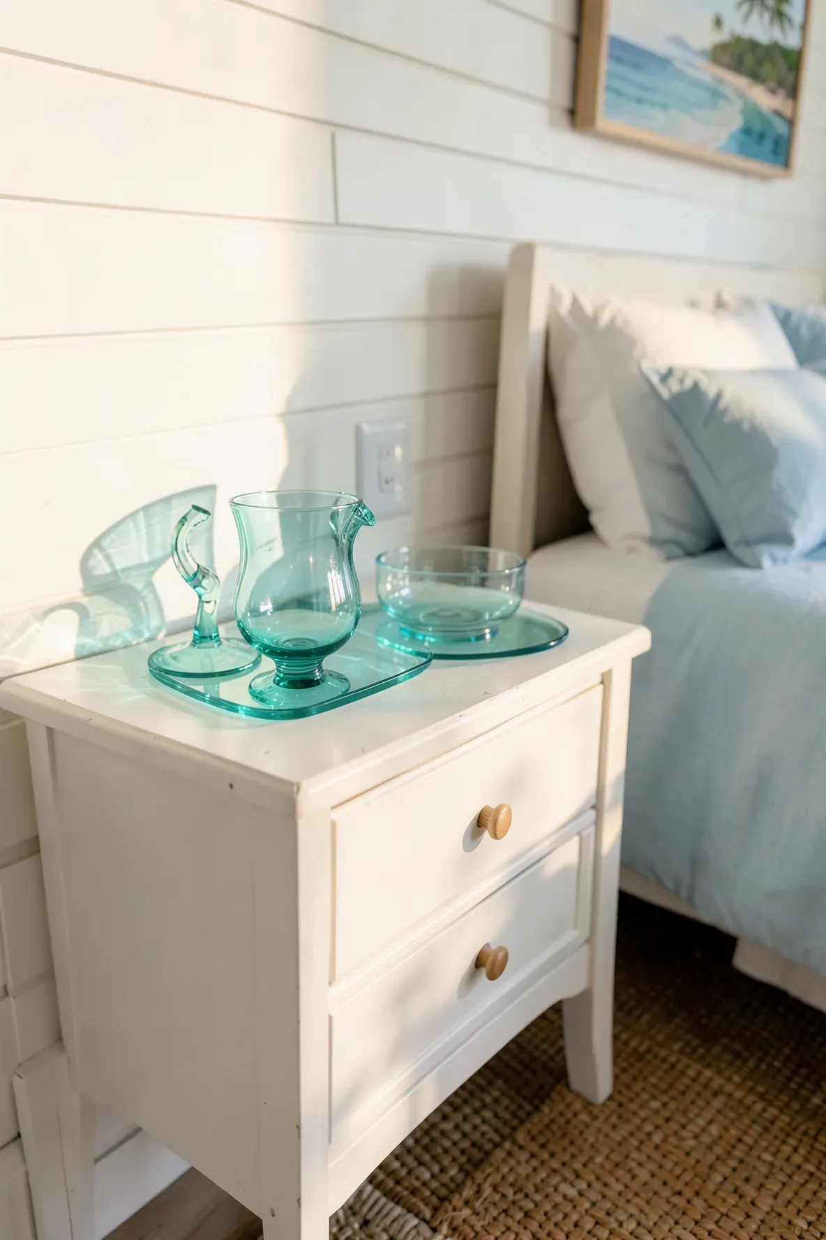 Clear turquoise glass trays and coasters on a white nightstand in a sunlit beach-themed bedroom.