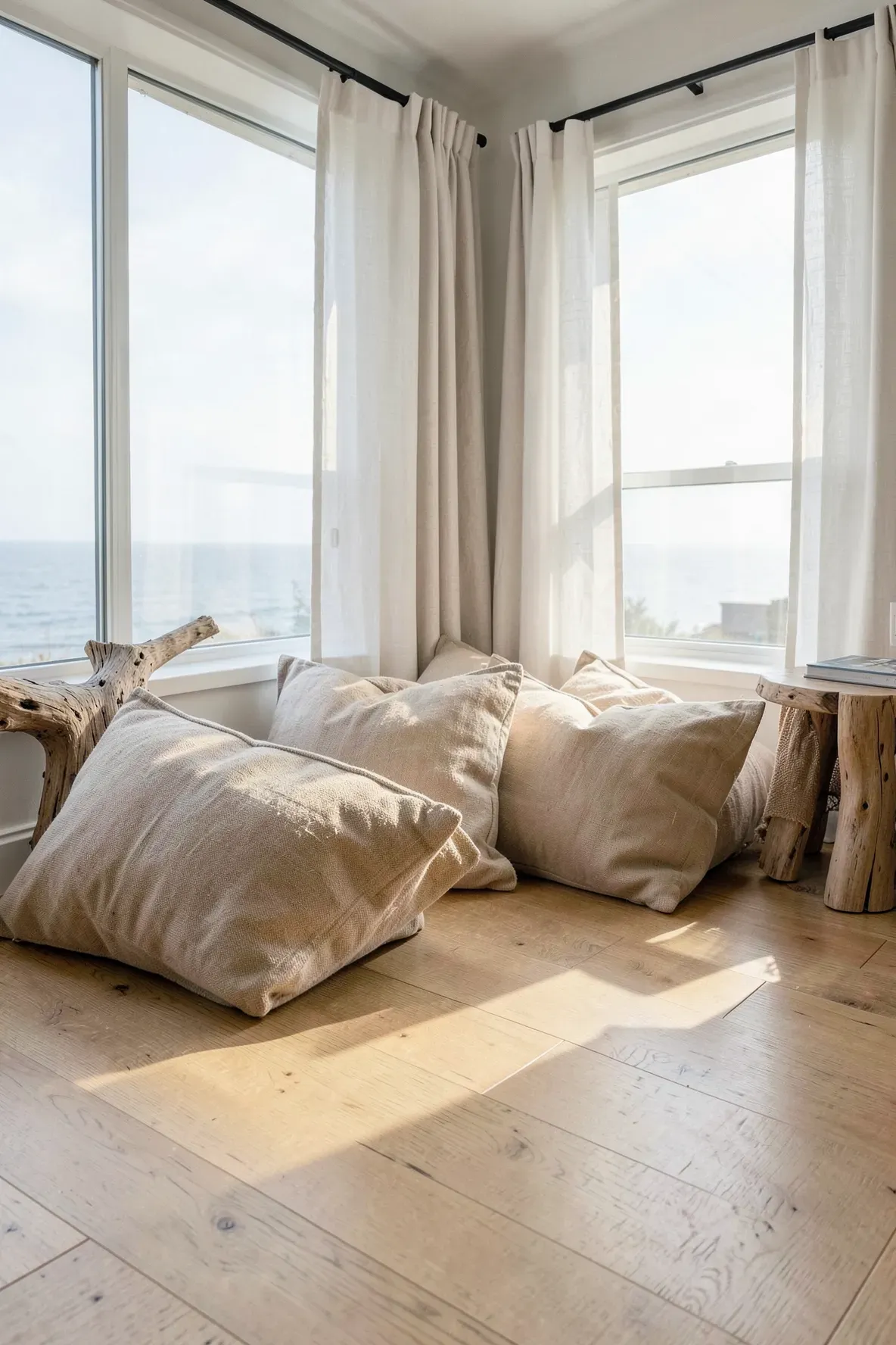 Large beige floor pillows arranged in a sunlit corner of a coastal bedroom with wood floors.