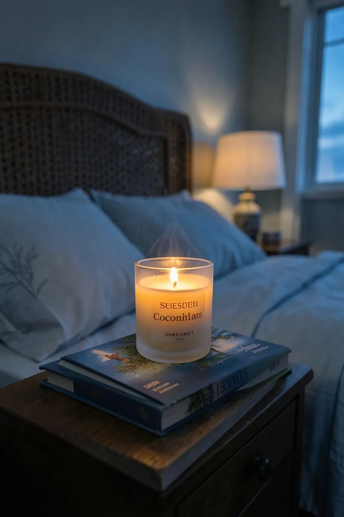A lit candle in a frosted jar on a bedside table in a relaxing, blue-toned coastal bedroom.