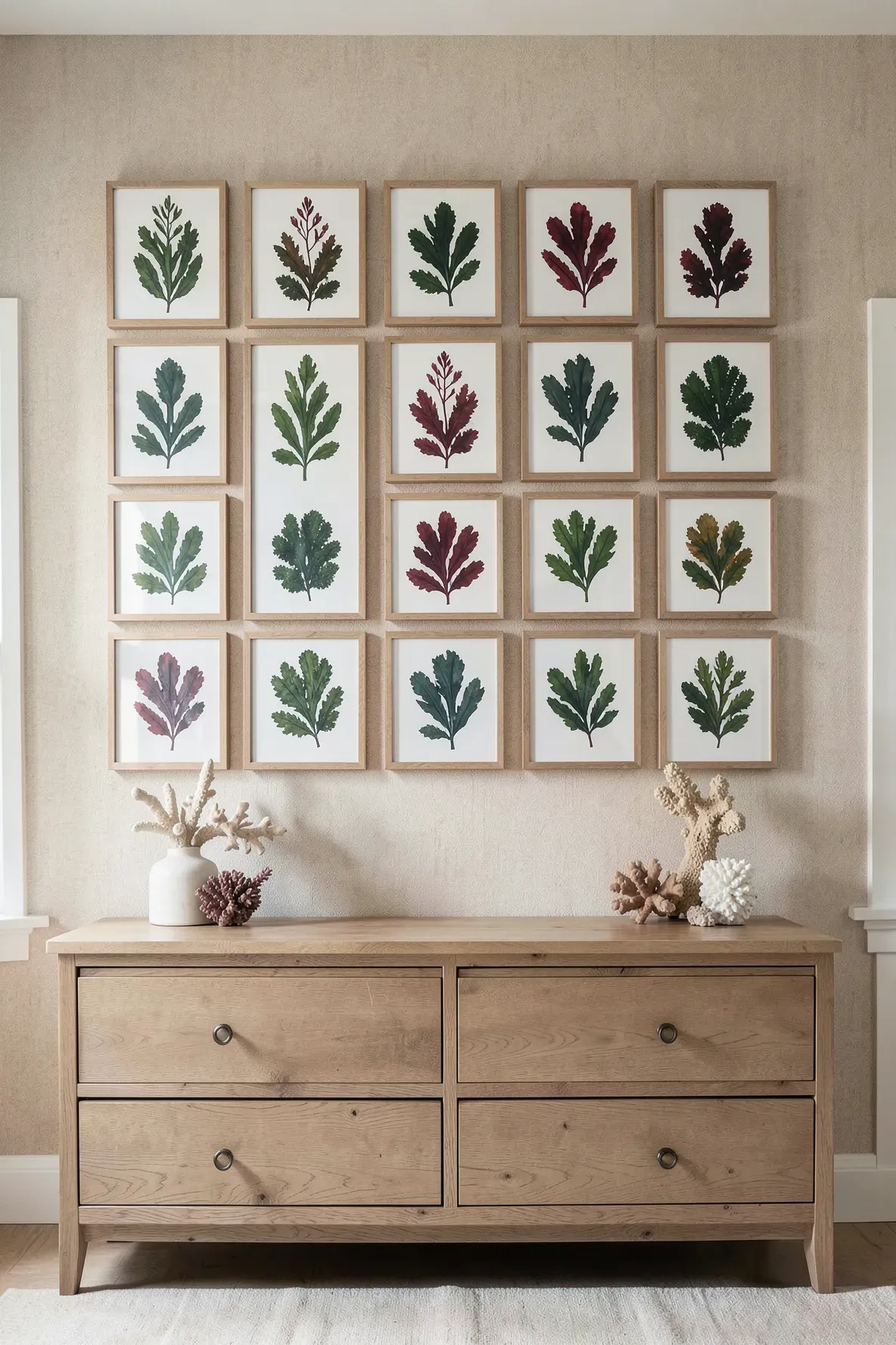 A grid of six framed seaweed botanical prints hanging on a beige wall in a coastal bedroom.