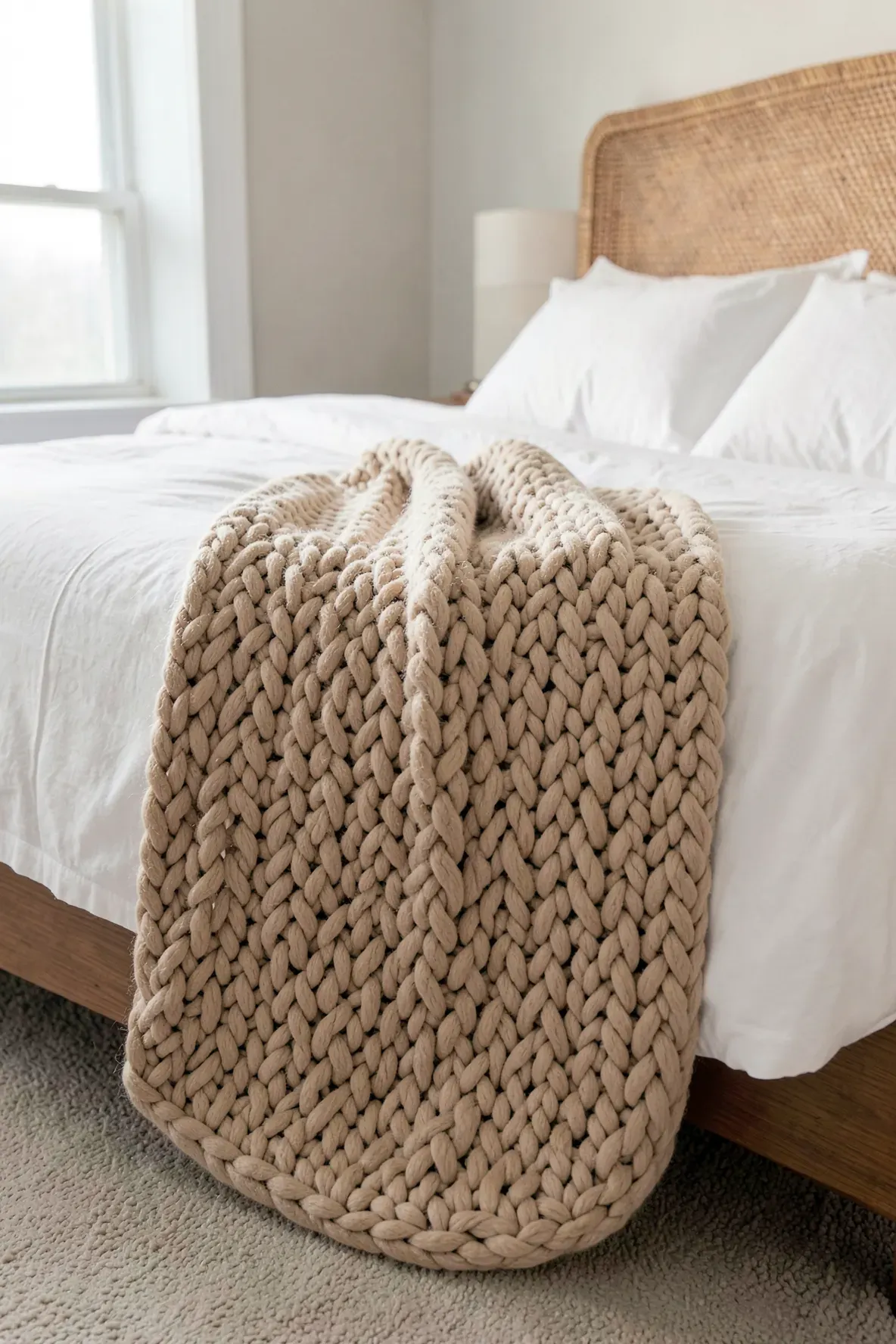 A thick, sandy-colored chunky knit blanket draped over a white bed in a coastal room.